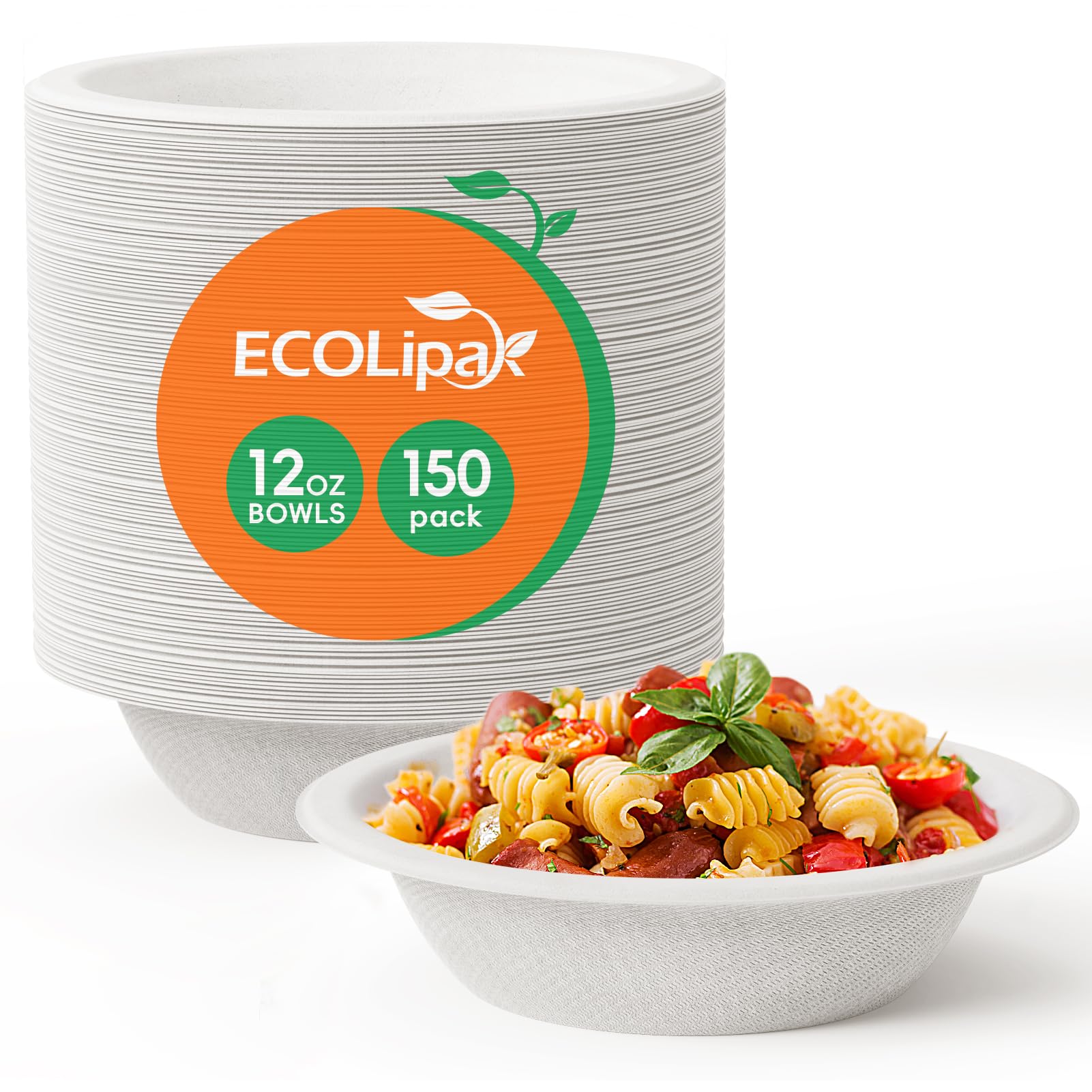 ECOLipak150 Pack Compostable Disposable Paper Bowls, 12 OZ Heavy duty Biodegradable Eco Friendly Sugarcane Bagasse Bowls Great for Soup, Salad, Milk Cereals