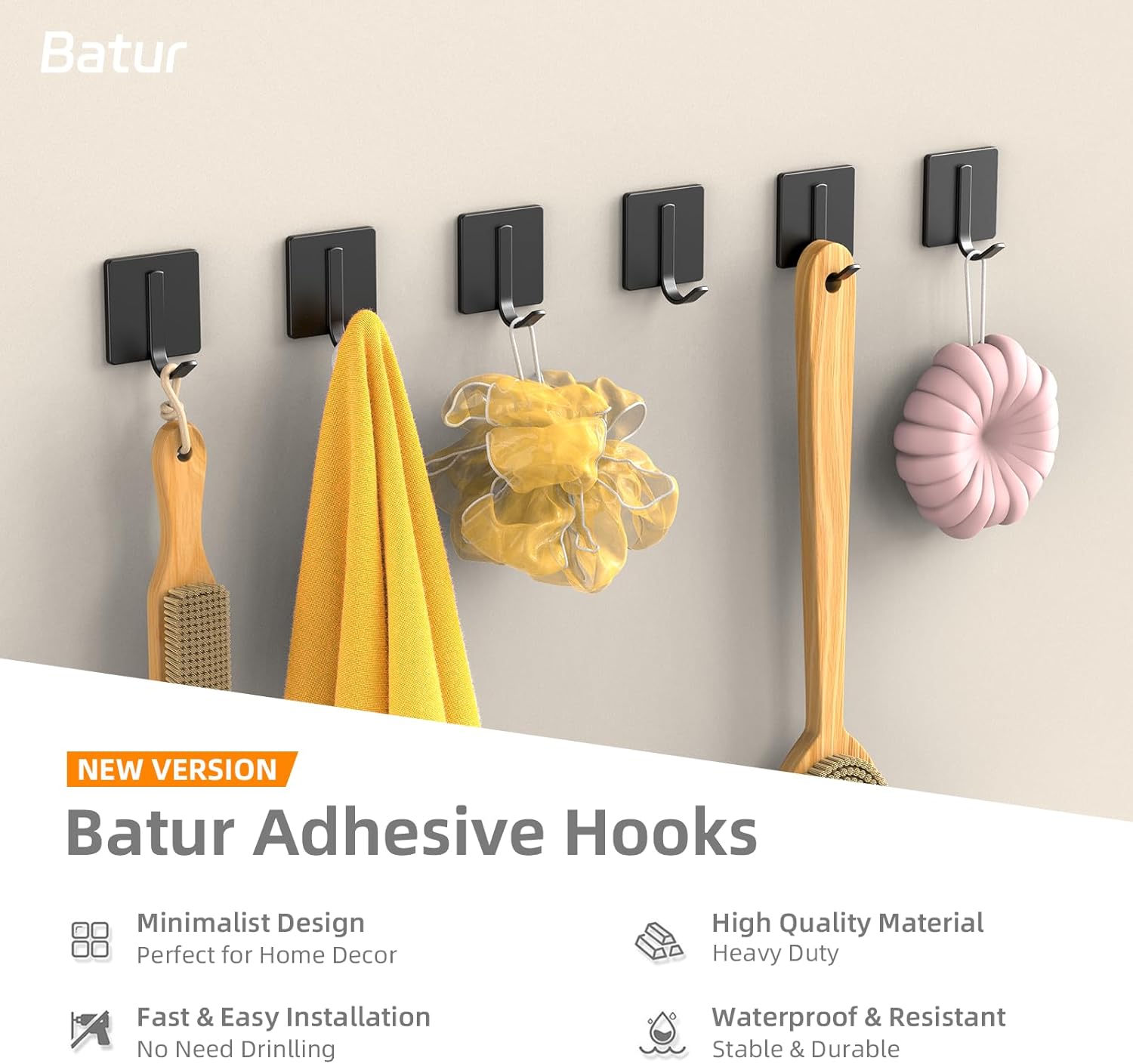 Batur 6 Packs Wall Hooks, Improved Adhesive Hooks for Hanging Towel, Coat, Clothes, Stainless Steel Towel Holder, Towel Hooks for Bathroom, Closet, Kitchen, Bedroom, Black