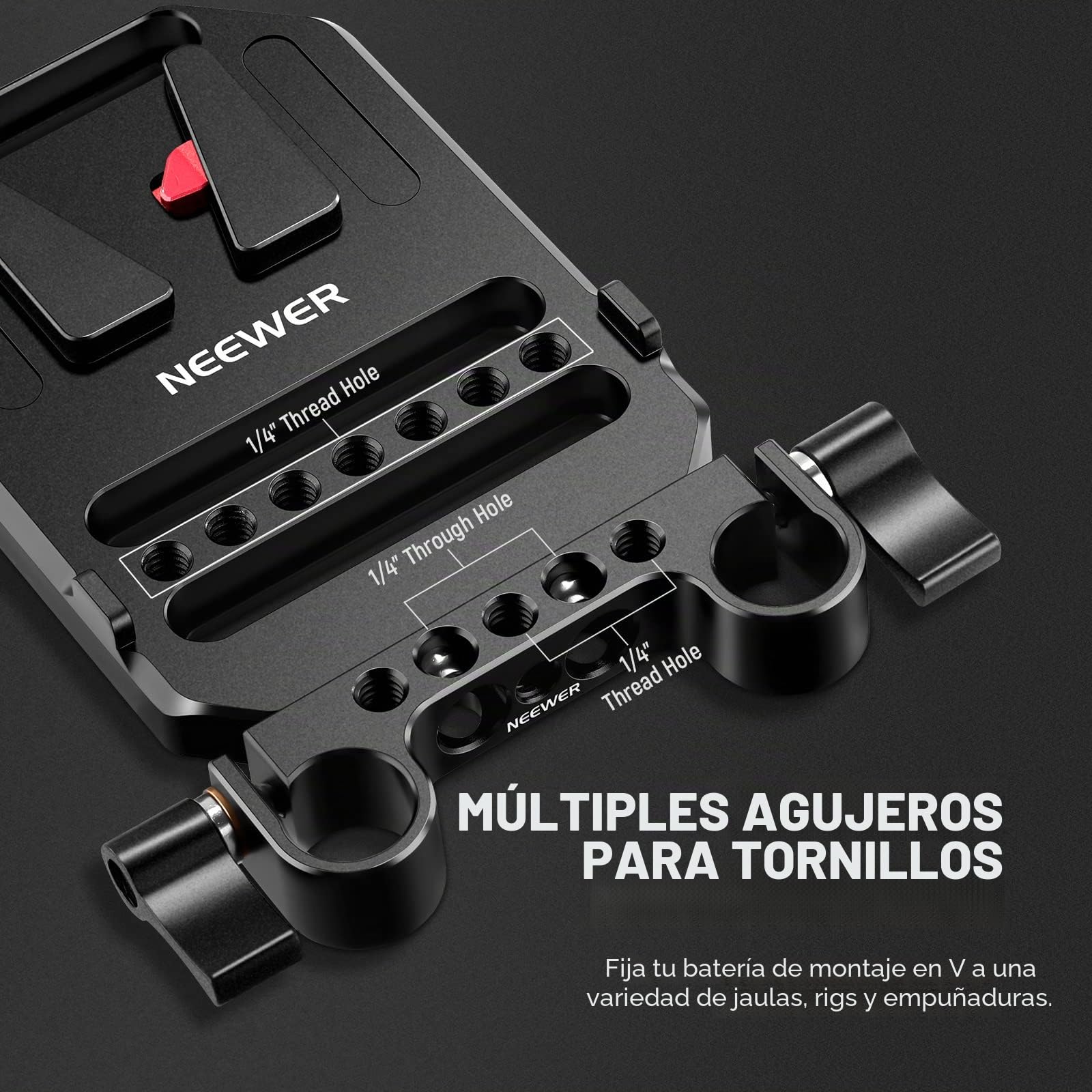 NEEWER Placa de Batería de Montaje en V con Abrazaderas de Varilla de 15mm y Roscas de 1/4" Placa de Montaje de Bloqueo en V de Metal de la Plataforma con Sistema de Soporte de Riel de 15mm (ST43)