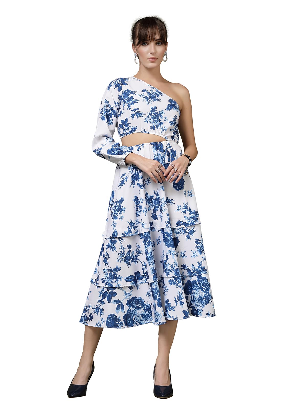 Oomph! Women's Western & Fusion Wear Printed Crepe Dress For Women, One Shoulder, White - Md1071