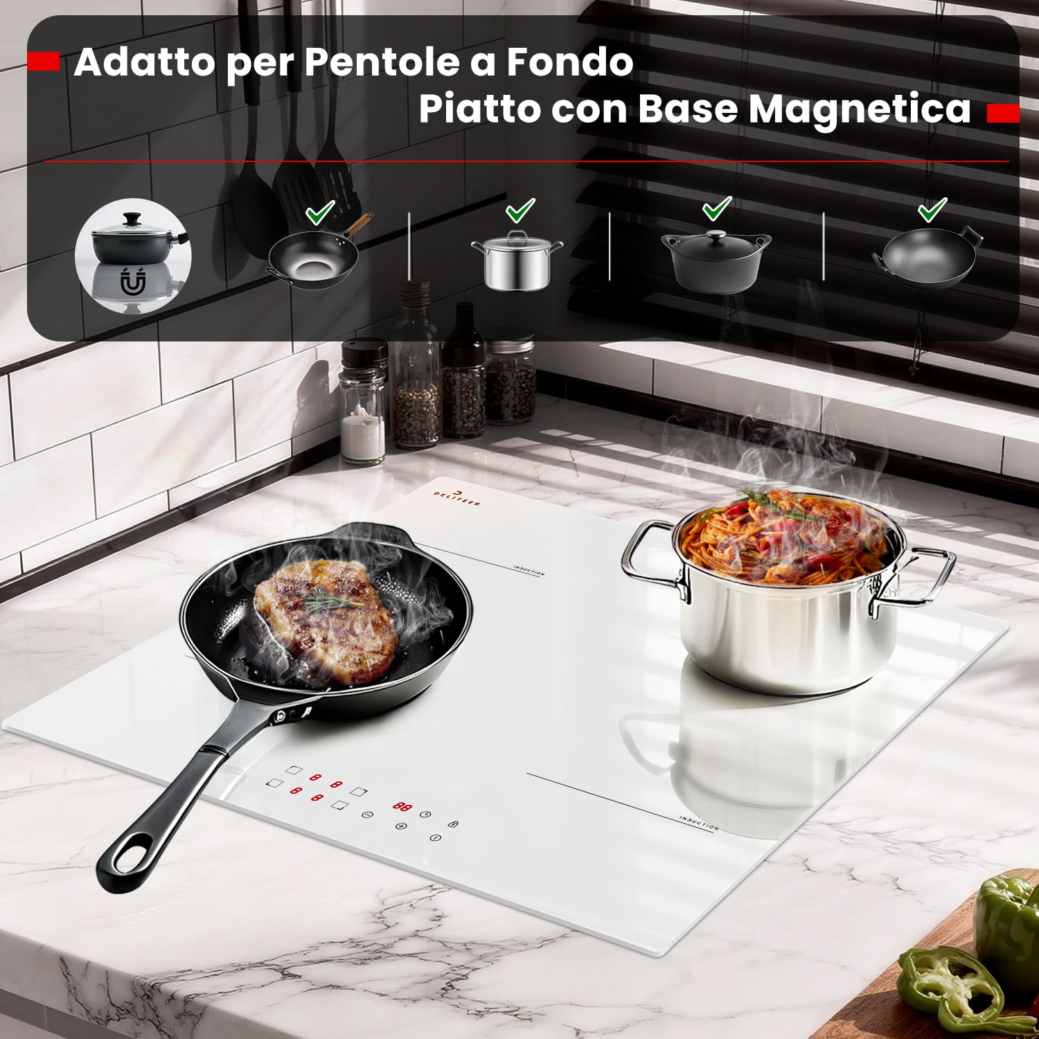 Piano Cottura a Induzione Bianco 4 Fuochi con Spina, Piastra a Induzione da Incasso 60CM, 3500W, Funzionamento Touch, Blocco di Sicurezza, Protezione da Surriscaldamento, 220V