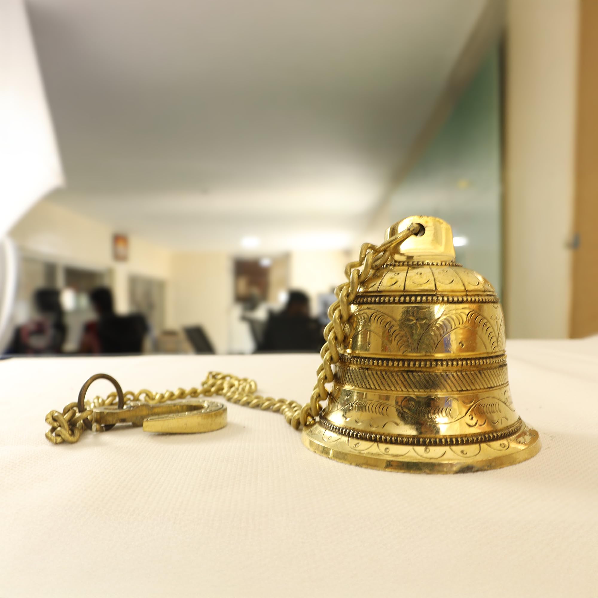 Putrika Handcrafted Brass Temple Bell with Hook & Chain|8 cm Pooja Pital Ghanti for Mandir|Traditional Hanging Bell for Home Décor & Aarti Rituals | 668g Solid Brass Bell 4
