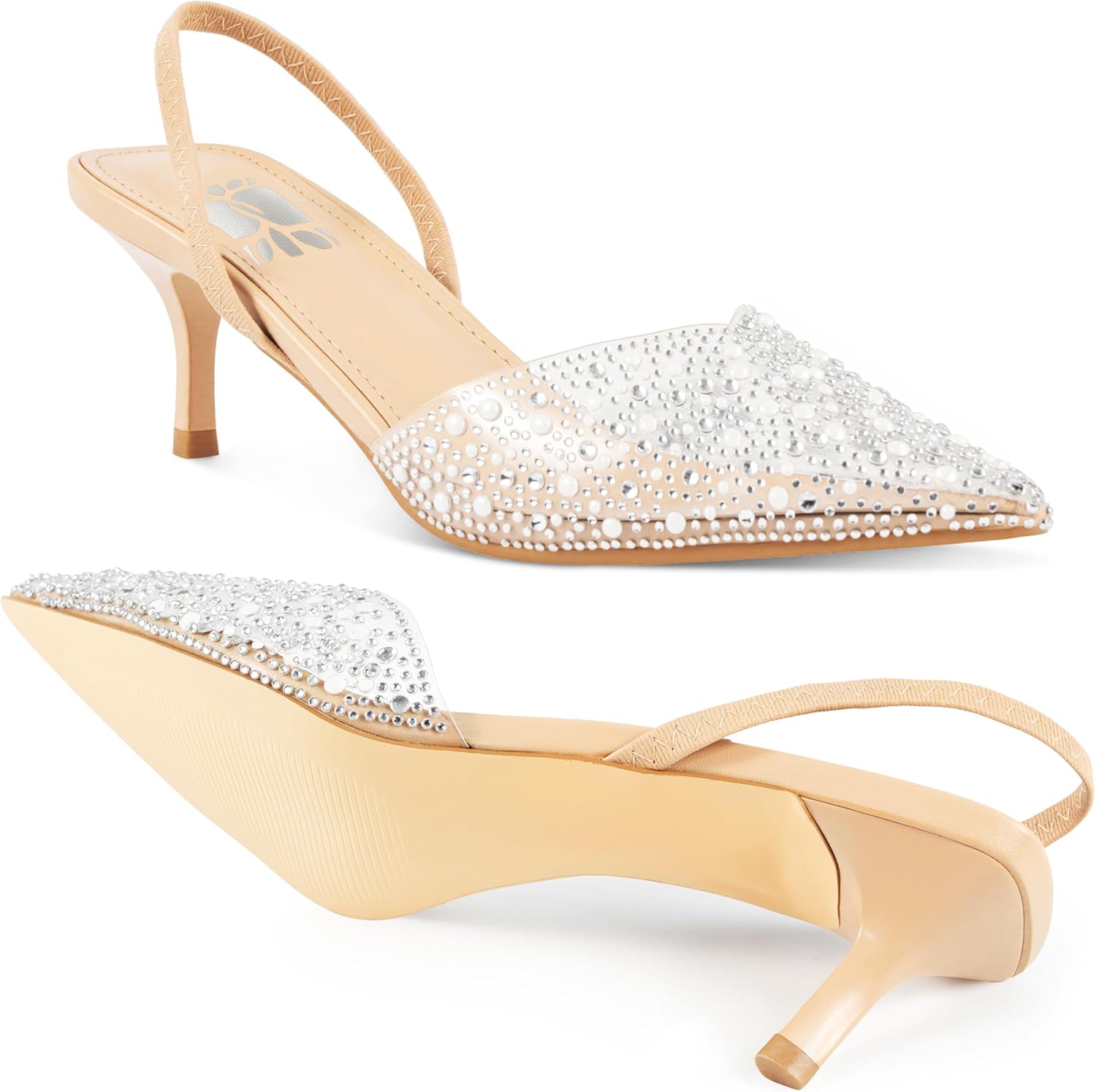 Clear Slingback Heels for Women,Pearl Kitten Heels Pointy Toe Sparkly Rhinestone Sandals Wedding Dress Shoes，Apricot 5.5 - Image 4