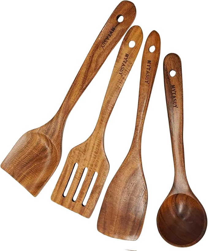 4 Pcs Wooden Spoons for Cooking-Non Scratch Cooking Utensil Set Natural Solid Wood Material Teak Wooden Kitchen Utensil Set-Spatulas,Fried Spatula,Slotted Spatula,Ladle