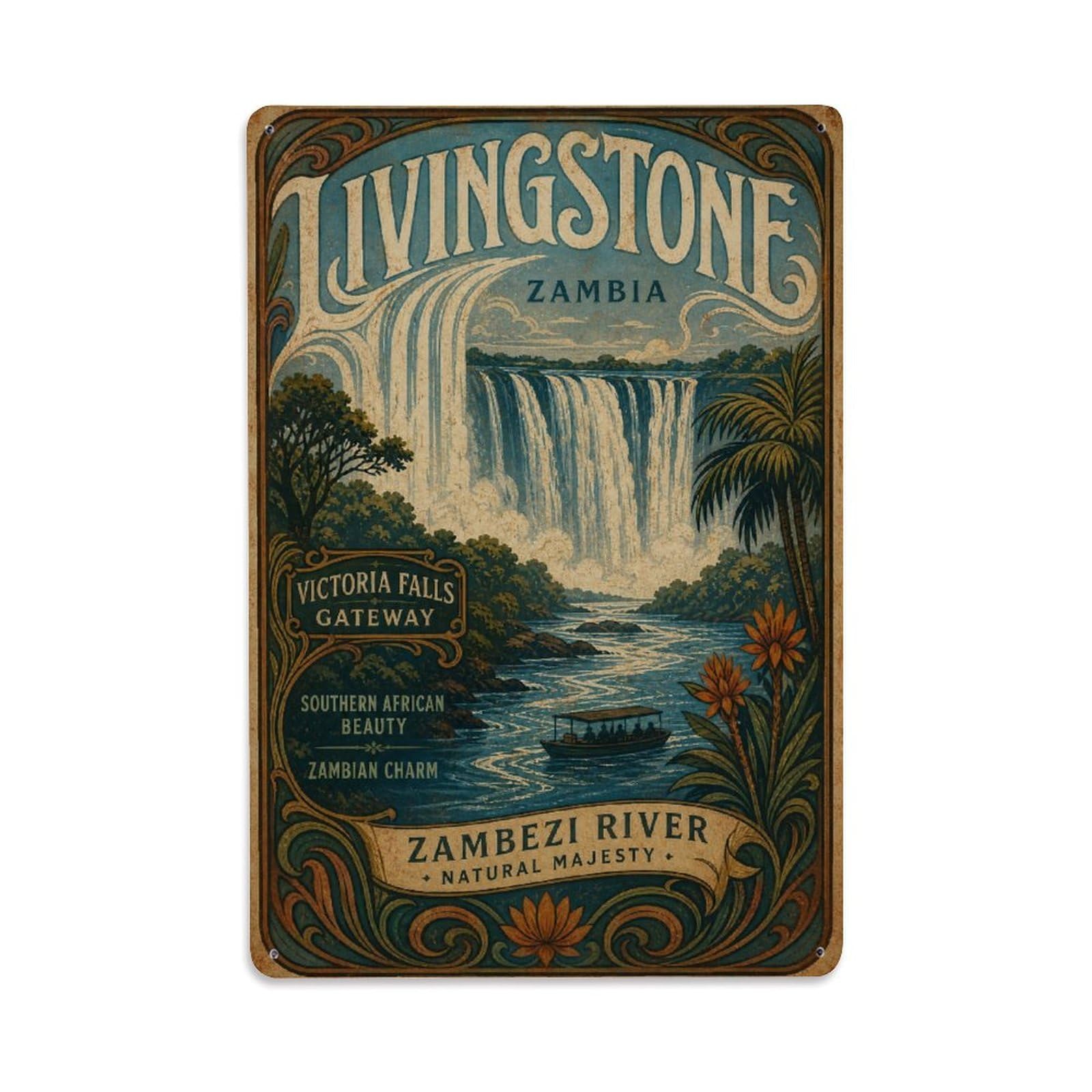 Travel Vintage Zambia Livingstone Metal Tin Sign