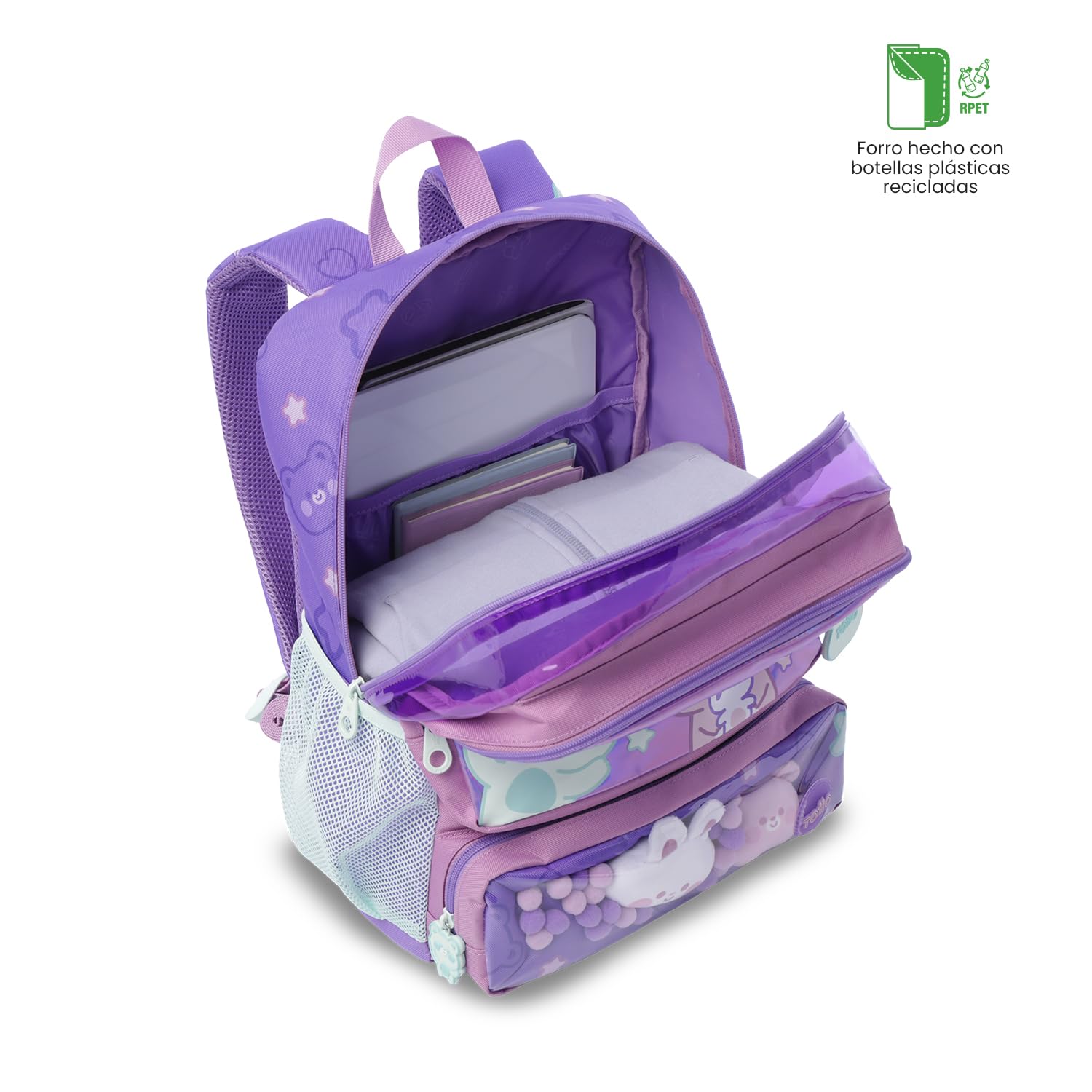 TOTTO - Mochila Escolar, Modelo Friends Party M, Mochila Mediana, Capacidad 18L, 2 Compartimentos Delanteros, Bolsillos Botella, Organizador Interno, Correas Acolchadas, Resistente, Estampado Morado