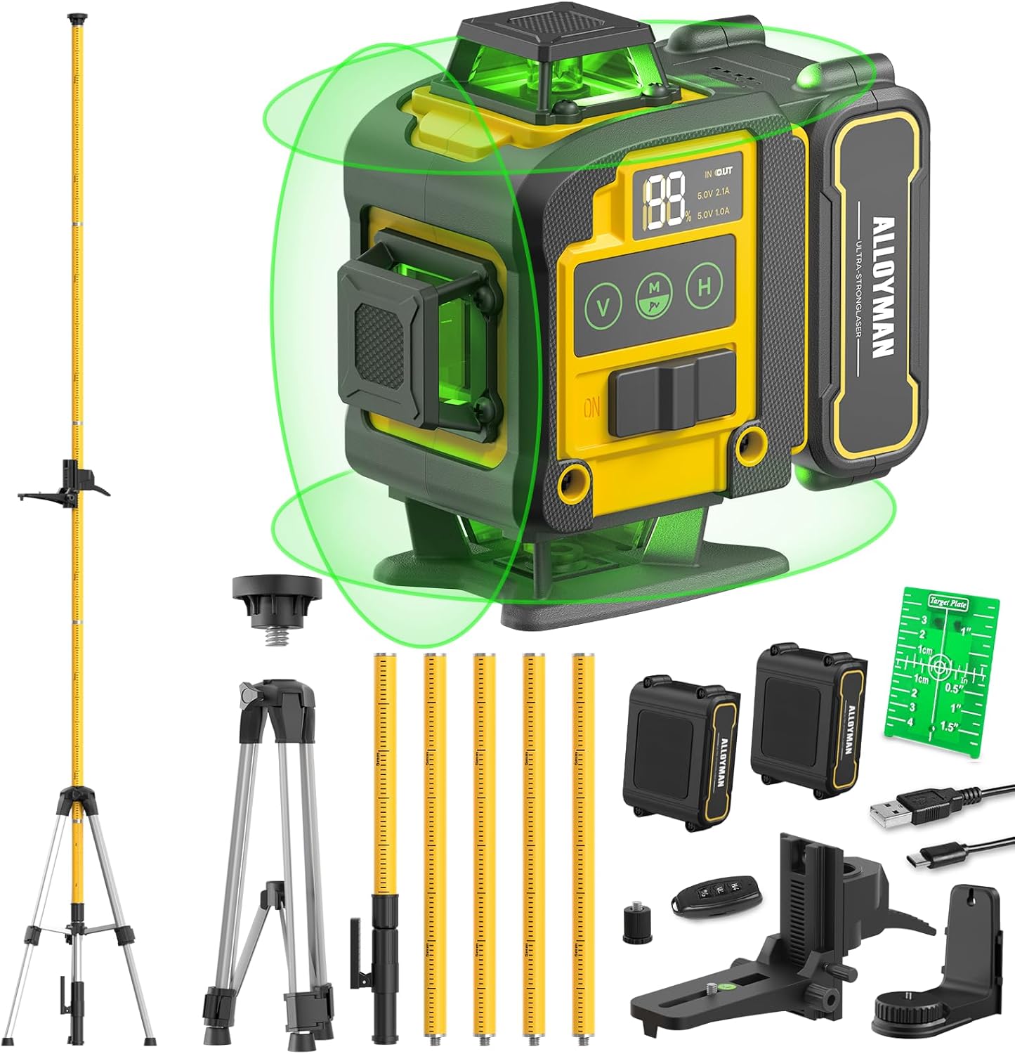 Alloyman 4x360° Green Self-Leveling Laser Level with 12FT Tripod Pole & 2 Li-ion Batteries - Precision Tool for Tile, Pictures, Renovations