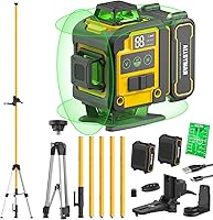 Alloyman 4x360° Green Self-Leveling Laser Level with 12FT Tripod Pole & 2 Li-ion Batteries - Precision Tool for Tile, Pictures, Renovations