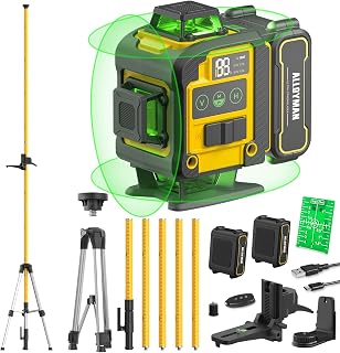 Alloyman 4x360° Green Self-Leveling Laser Level with 12FT Tripod Pole & 2 Li-ion Batteries - Precision Tool for Tile, Pictures, Renovations
