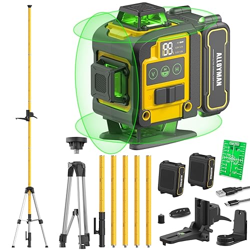 Alloyman 4x360°Self Leveling Laser Level, 12 Ft./3.7M Professional Laser Level Pole with Tripod, Green Line Lazer Leveler Tool with 2* Li-ion Batteries for Picture Hanging, Tile, Home Renovation