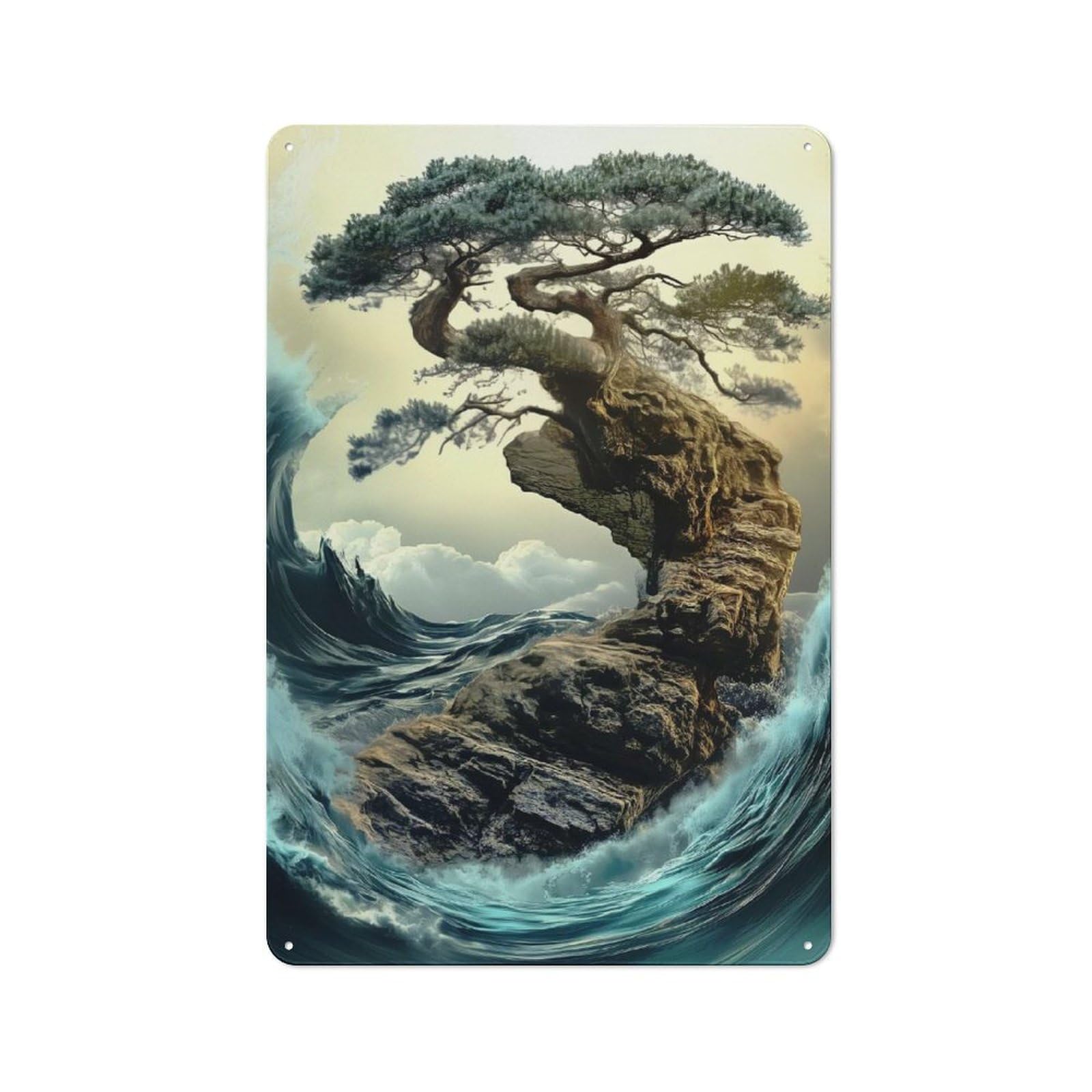 Bonsai Tree on A Cliff Tranquil Scenery Rustic Metal Wall Decor 30x20cm, Garden Room Metal Sign for Patio Bar, Workshop, Shed Or Kitchen
