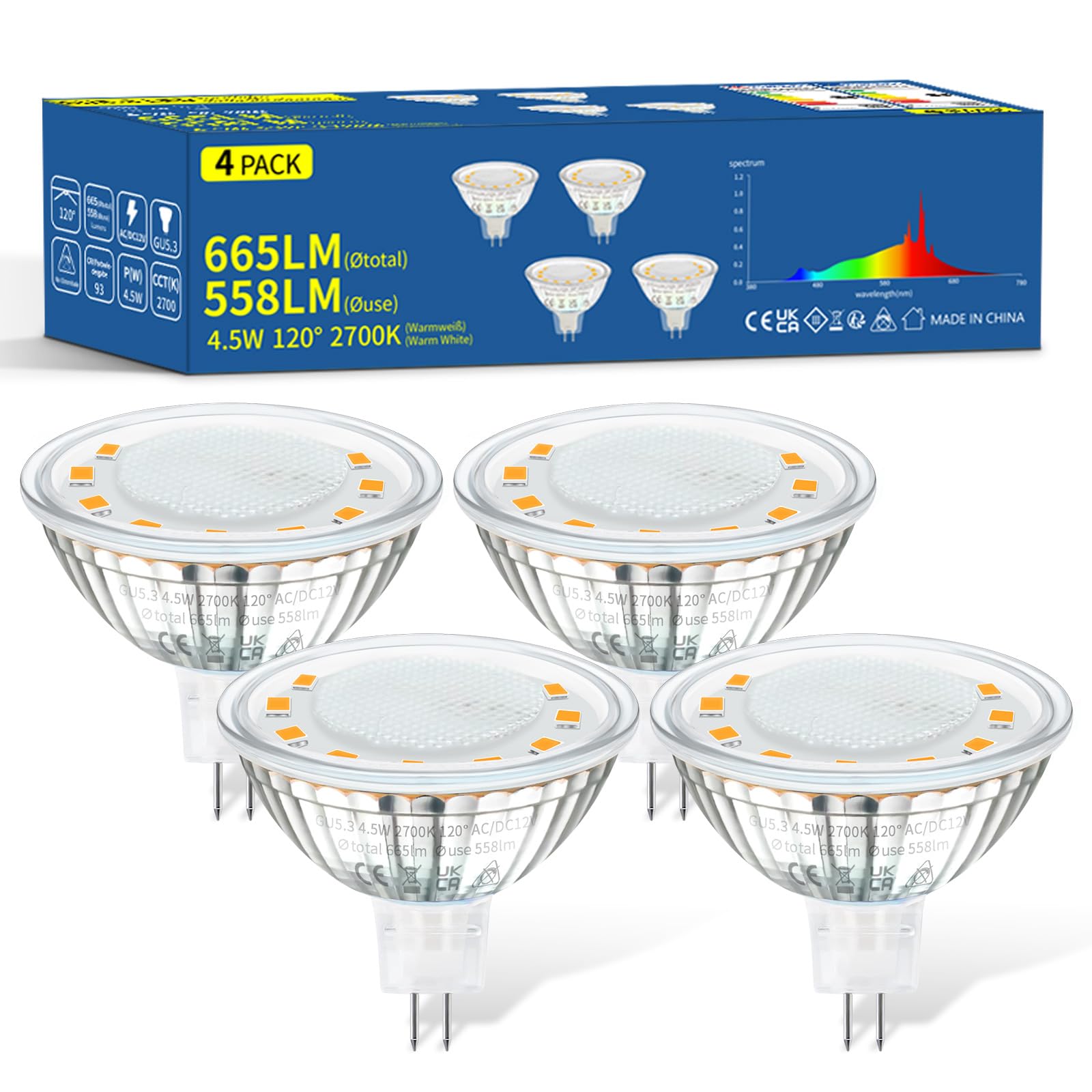 10x MR16 LED GU5.3 4,5W – Warmweiß 2700K, 558 Lumen, 120° Abstrahlwinkel, Flimmerfrei, Ersetzt 50W Halogen
