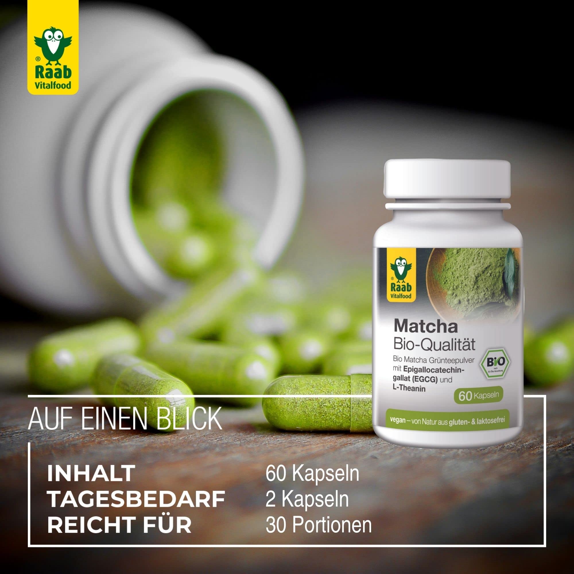 Raab Vitalfood Bio Grapefruit-Kernextrakt mit Bioflavonoiden, Tropfen & Bio Matcha-Kapseln, 60 Stück, Grüntee-Extrakt aus Japan, Premium Qualität, vegan, glutenfrei, grüner Tee, 1 Monat