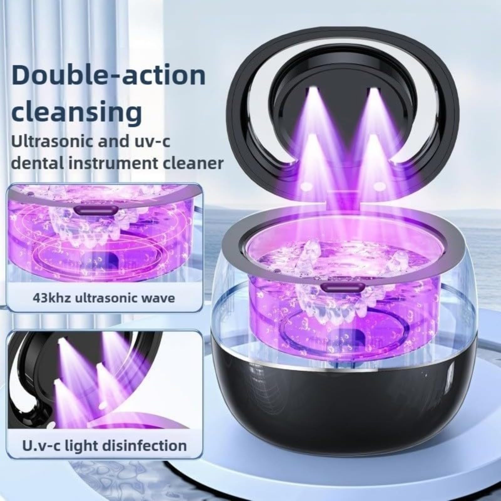 Nettoyeur de prothèses dentaires, ultrasons et ondes UV-C 43 kHz pour une désinfection à 99,99 % et un retrait complet des taches à 360 °