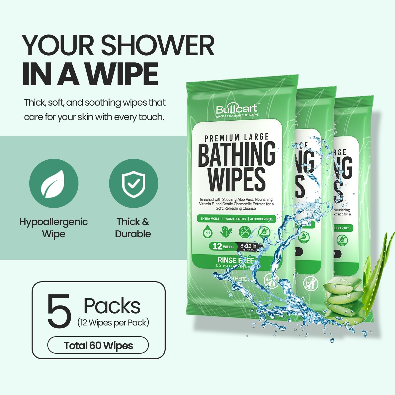 5 Pack, 60 XL Body Wipes for Adults Bathing No Rinse, Bathing Wipes with Aloe, Disposable Cleansing Cloths for Women Men & Elderly, Camping & Travel Essentials, Shower Wipes