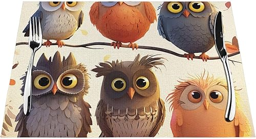 Miniatura 7 de 1 juego de manteles individuales de PVC con estampado de búhos y pájaros, manteles individuales tejidos de PVC, antideslizantes, resistentes al