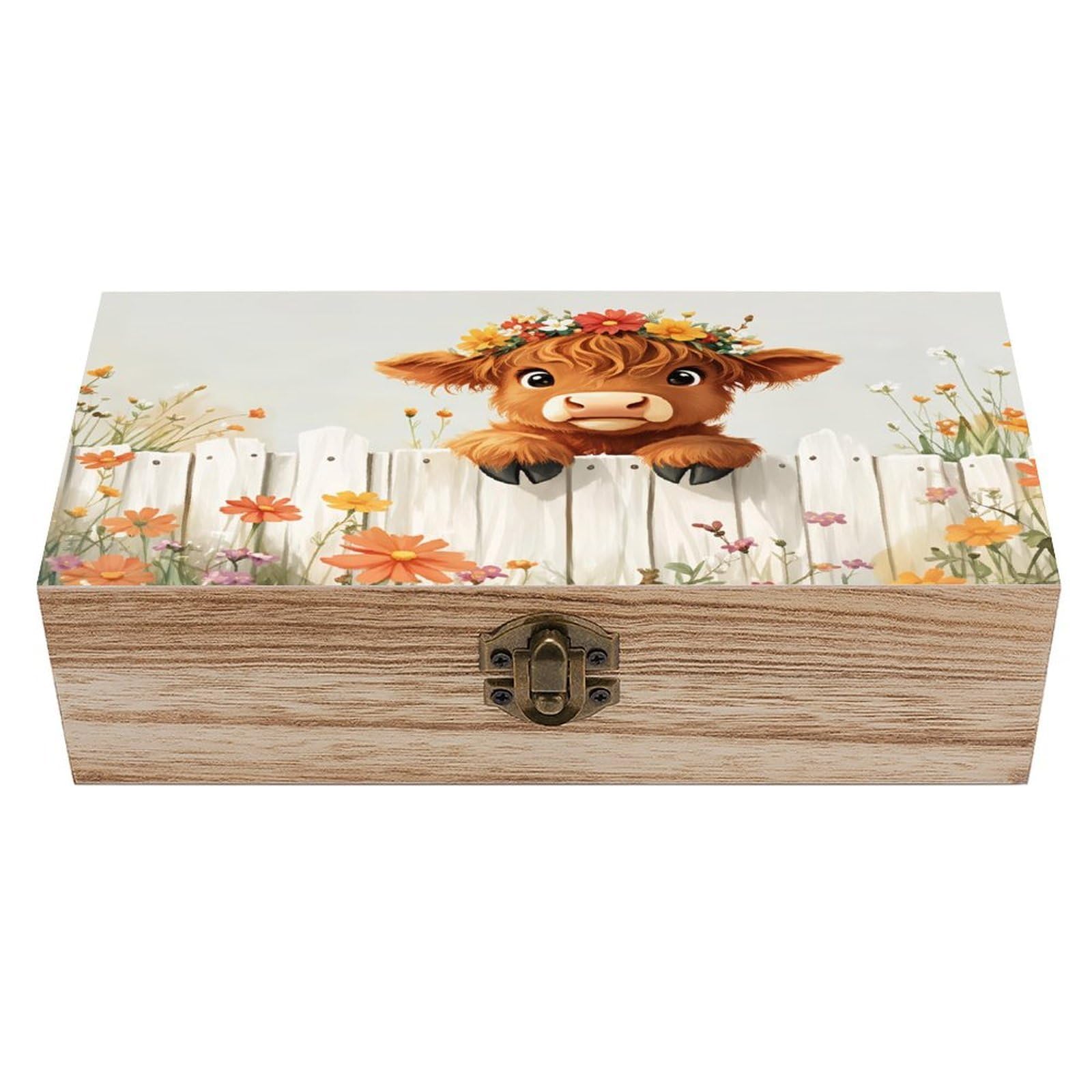HLBSDM Adorable Highland Cow Vintage Wooden Keepsake Box with Hinged Lid And Locking Clasp, Decorative Storage Box for Jewelry, Trinkets And Small Accessories, Organizer for Home Or Wedding