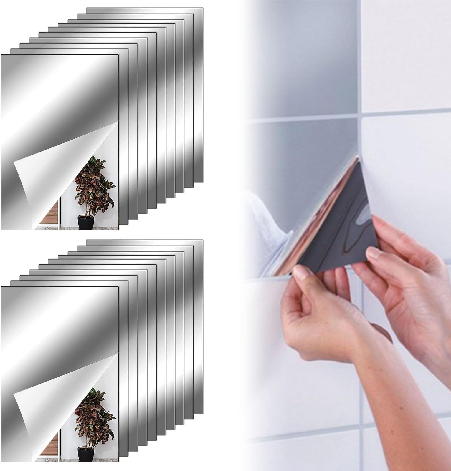 TouliflyMirror Tiles, Mirror Tiles, Mirror, Pack of 20, Mirrors Each 10 x 15 cm, Self-Adhesive, Flexible Mirror, Non-Glass, DIY Acrylic Wall Decoration, Decorative Mirror, Frameless Wall Mirror