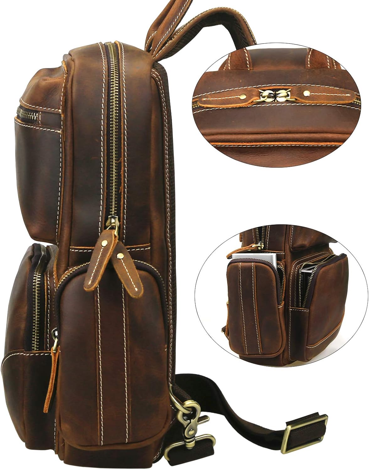 LANNSYNE Vintage Full Grain Leather Chest Sling Bag Fits 10.5 iPad Crossbody Single Strap Backpack for Men - Image 6