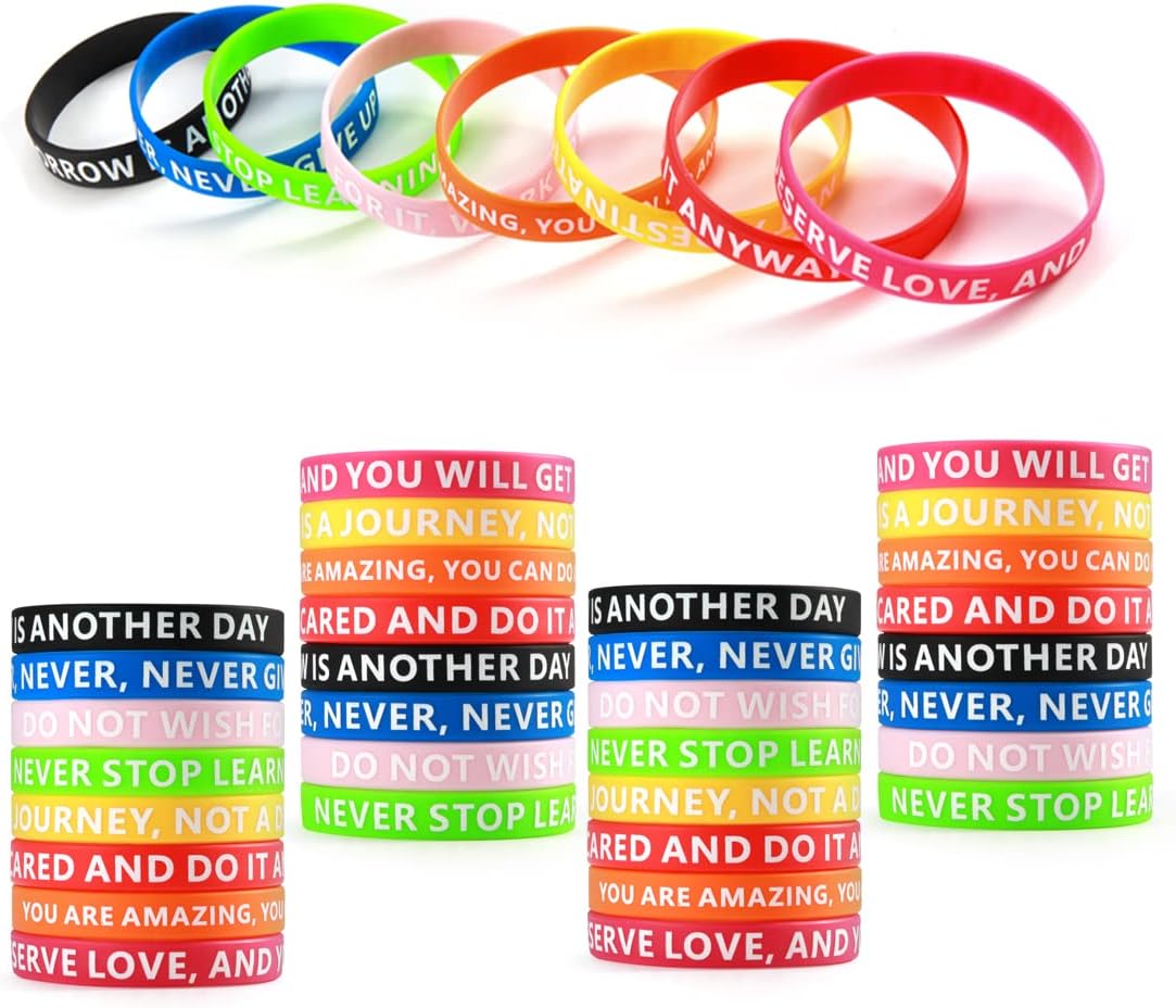 LTDOOITSet of 32 Motivational Bracelets Silicone Adult Men Women Inspirational Rubber Bracelets Set 8 Colours Black Blue Pink Silicone Bracelets Elastic Fitness Running Sports Party Gifts