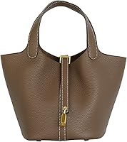 Lafillmiss Genuine Leather Bucket Bag for Women - Bohemian Tote with Metal Clasp, Elephant Gray Gold Everyday Travel Handbag