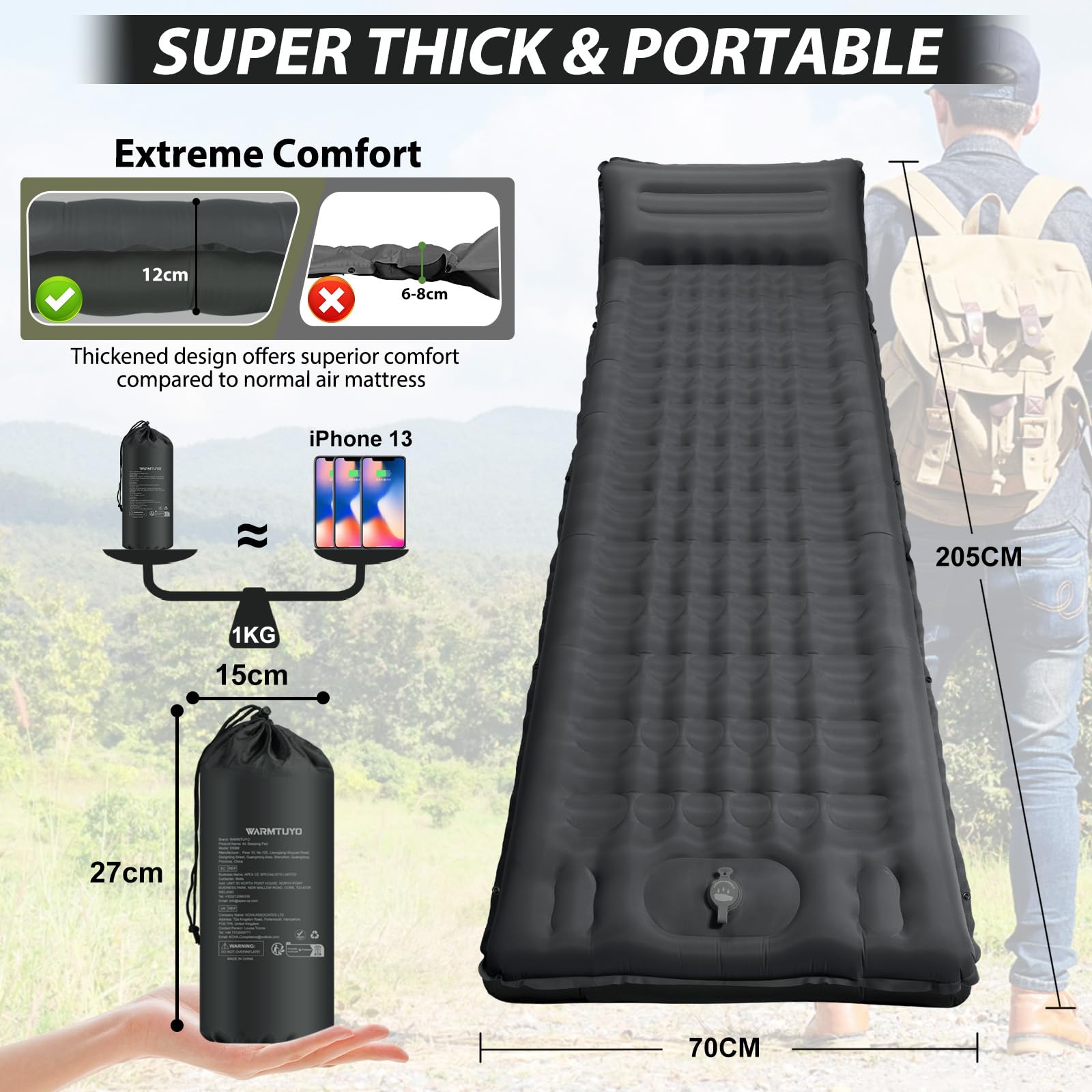 WARMTUYO Matelas isolant de camping - 12 cm - Gonflable - Petit encombrement - Étanche - Avec pompe à pied et coussin - Tapis de couchage antidérapant pour la randonnée et la plage