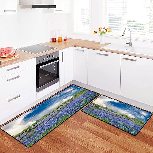 Juego de alfombras de cocina con diseño de nubes sobre Texas Bluebonnets de paisaje natural, tapete de cocina para piso, antideslizante, lavable,