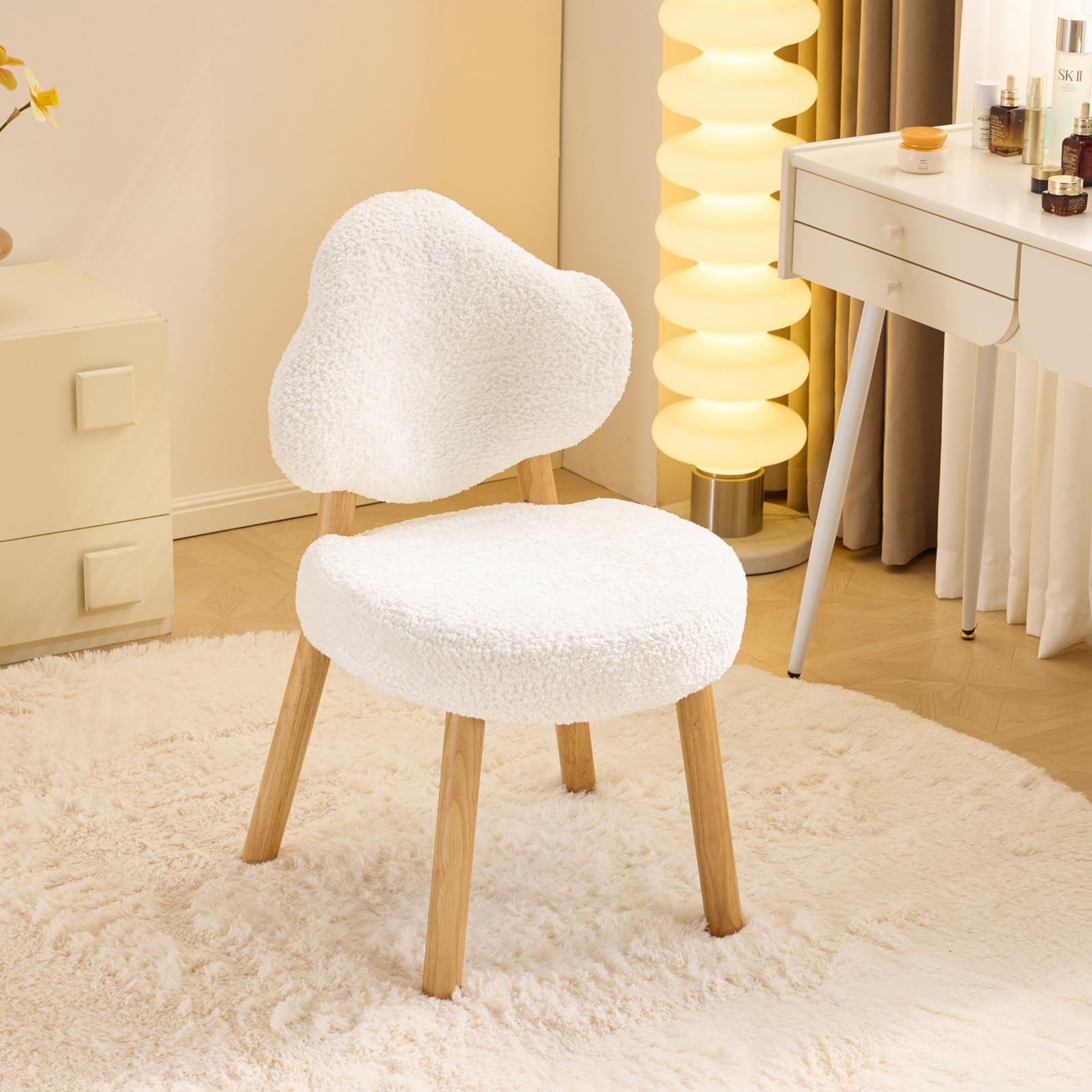 VINGLI Silla Tocador sin Ruedas, Silla de Escritorio Moderna con Patas de Madera Maciza, Tela Chenilla Suave, Ideal para Estudio, Dormitorio, Salón y Oficina, Blanco