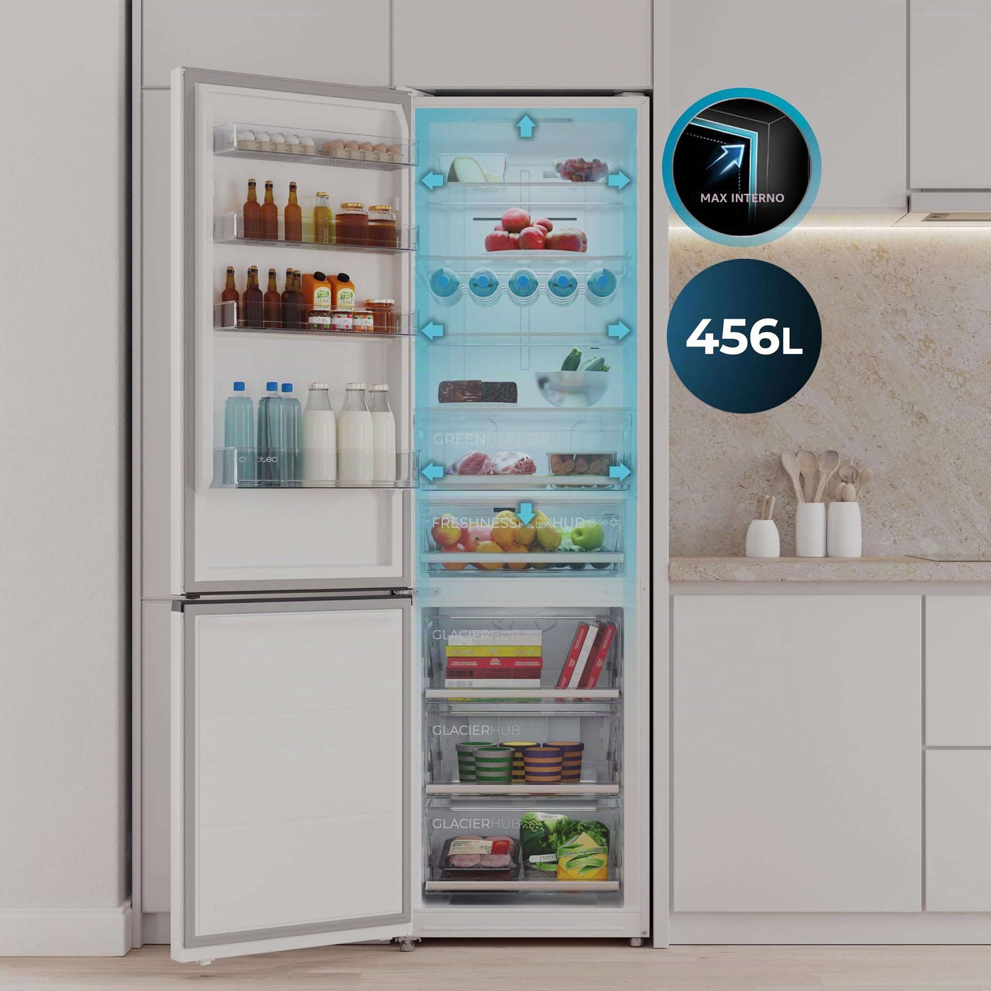 Cecotec Frigorifero Combinato 456L No Frost Bolero CoolMarket Combi 456 White Glass E. Altezza 201cmx59,5cm Larghezza, MAX INSIDE con VIP Tech, Compressore Inverter Plus, Basso Consumo, Ripiani Vetro