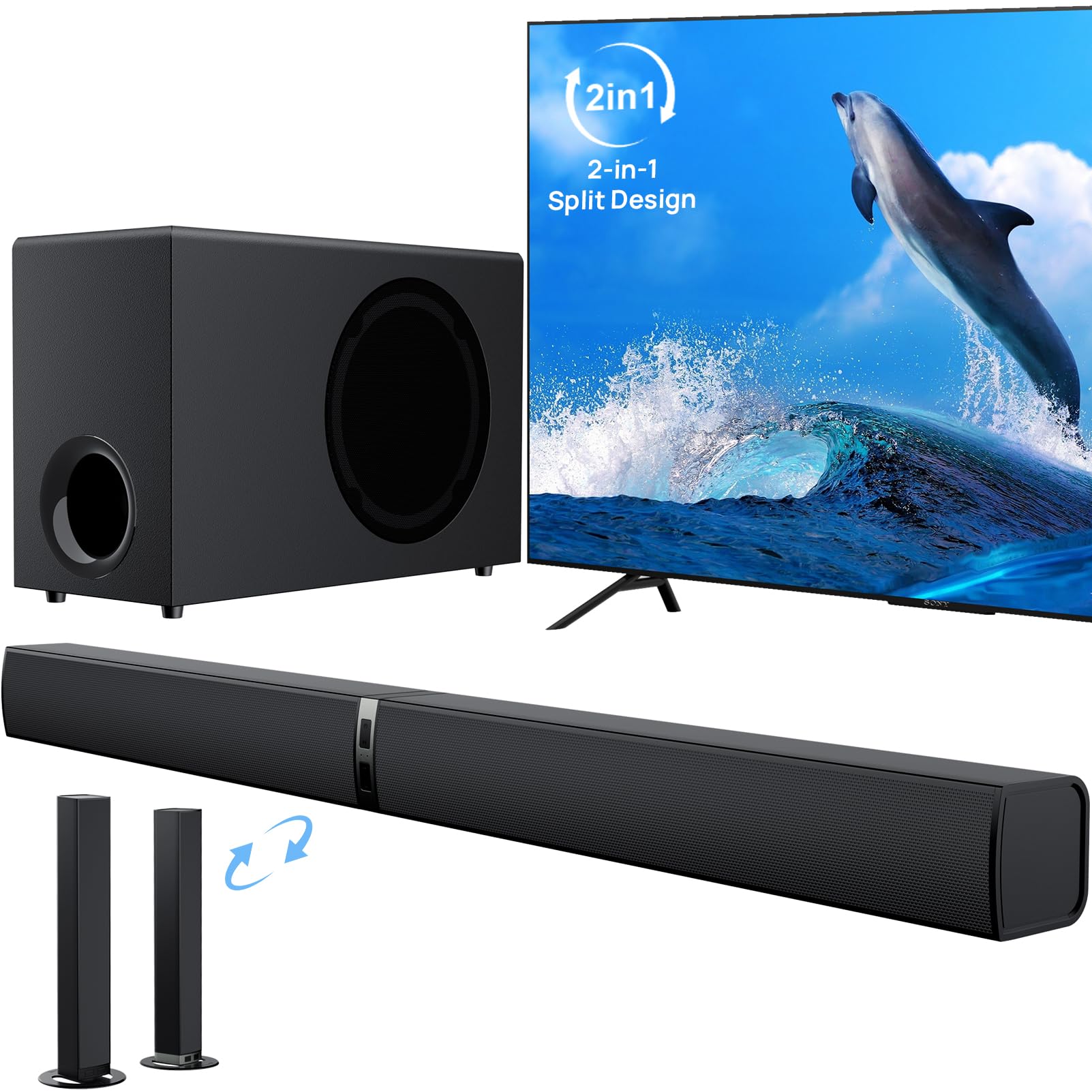 GarageRock Soundbar mit Subwoofer für TV Geräte, 120W 2-in-1 Soundbar TV Heimkino Soundsystem, 1 Set of Sorround Sound System mit Deep Bass&Lautstärkesteigerung&3 EQ Modi, Bluetooth 5.3/ARC/Opt/AUX