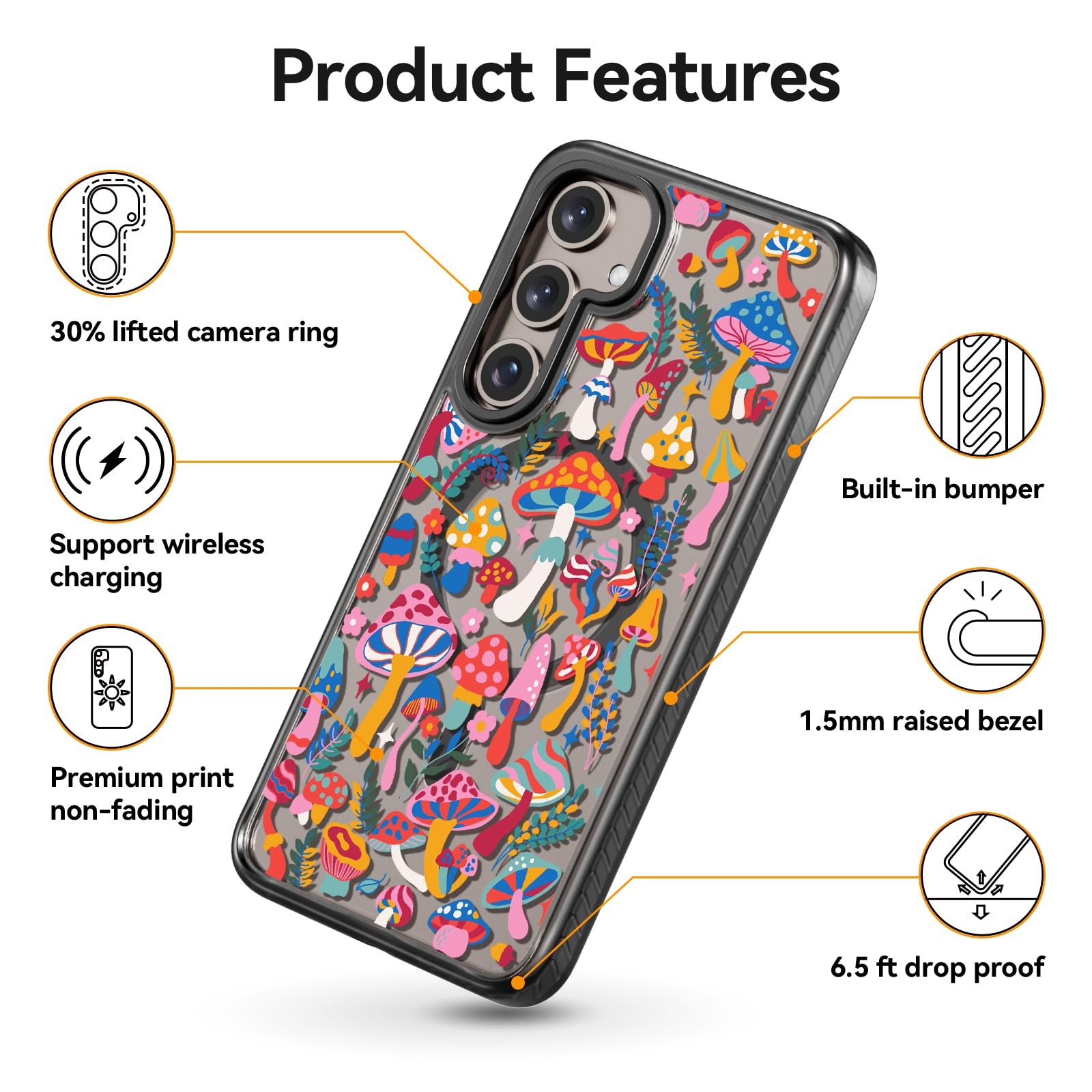 Rosarnnah Funda magnética para Samsung Magsafe bonita estética – duradera y divertida funda para teléfono – Diseño femenino de hongos y selva para mujer y niña de 6.7 pulgadas, color negro