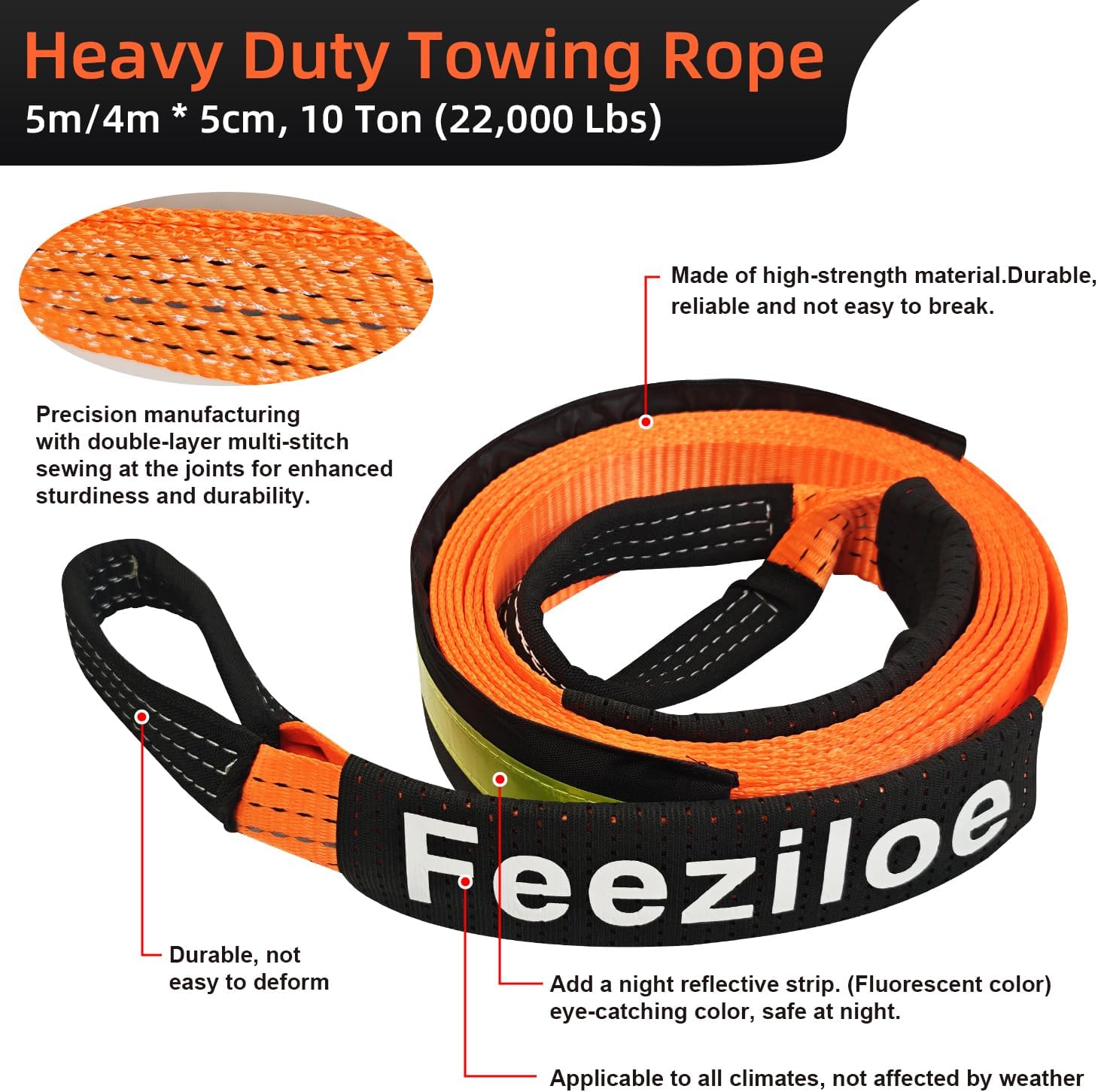 Car Tow Rope, 5/4m x 5cm Thick, 10T(22,000Lbs), High Strength Towing Strap, with 2 Safety D-Ring Hooks, Winch Rope Tow for Car Breakdown Recovery (5m10t) image 2