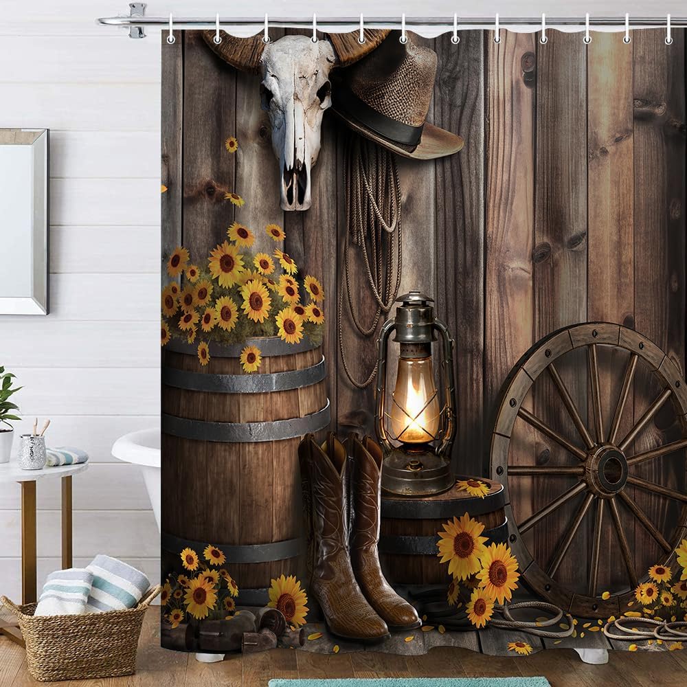 4Pcs Brown Cowboy Shower Curtain Rustic Theme Western Bathroom Set with Non-Slip Rugs, Rustic Farmhouse Shower Curtain with Sunflower and Barn Design, Washable Fabric, 12 Plastic Hooks