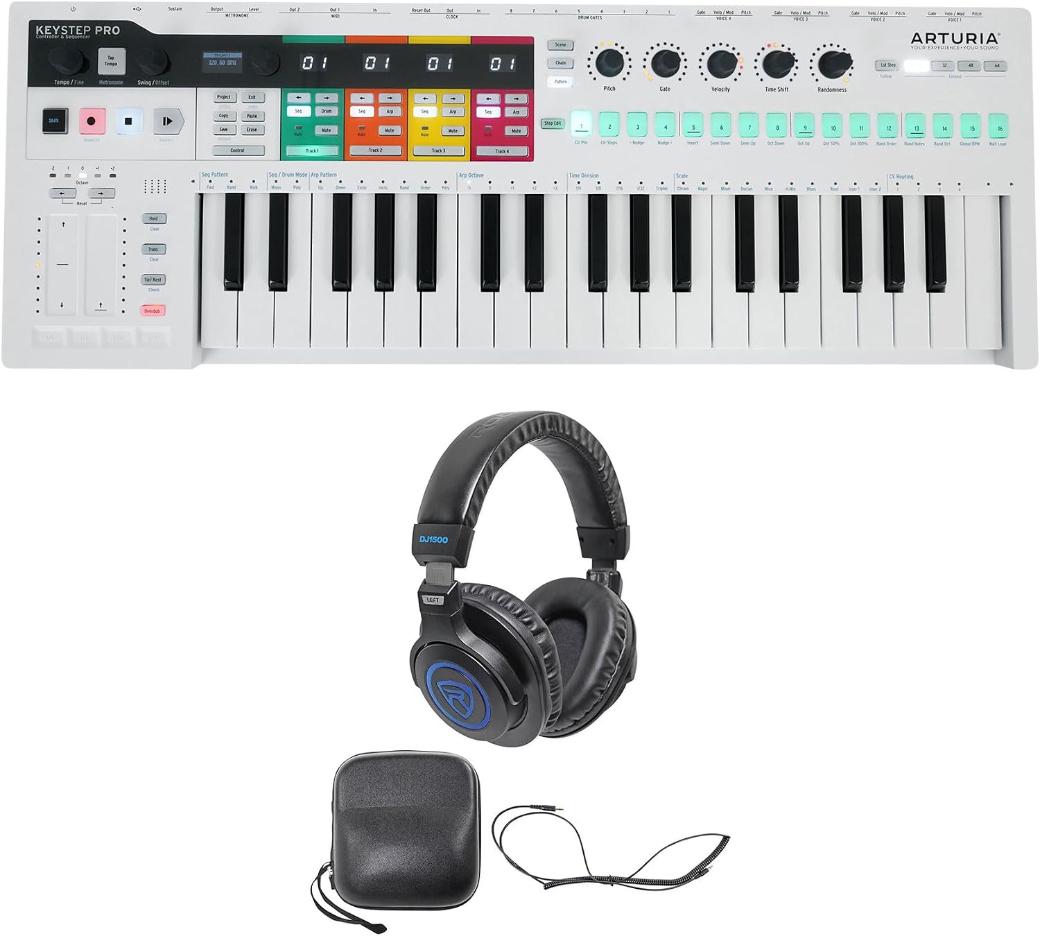 Audiosavings Bundle: Arturia Keystep Pro Sequencer 37-Key Midi USB DJ/Recording Keyboard Controller Bundle with Rockville DJ1500 DJ Headphones w/Detachable Coil Cable, Case+Extra Ear Pad (2 Items)