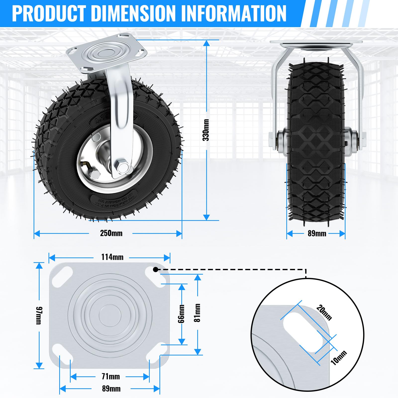 Kit de 4 Roulettes Charge Lourde 250mm – 2 Pivotantes et 2 Fixes, Jusqu’à 250KG, 360 Degrés Roulettes Charge Lourde en Caoutchouc pour Meubles, Chariots et Équipements Lourds