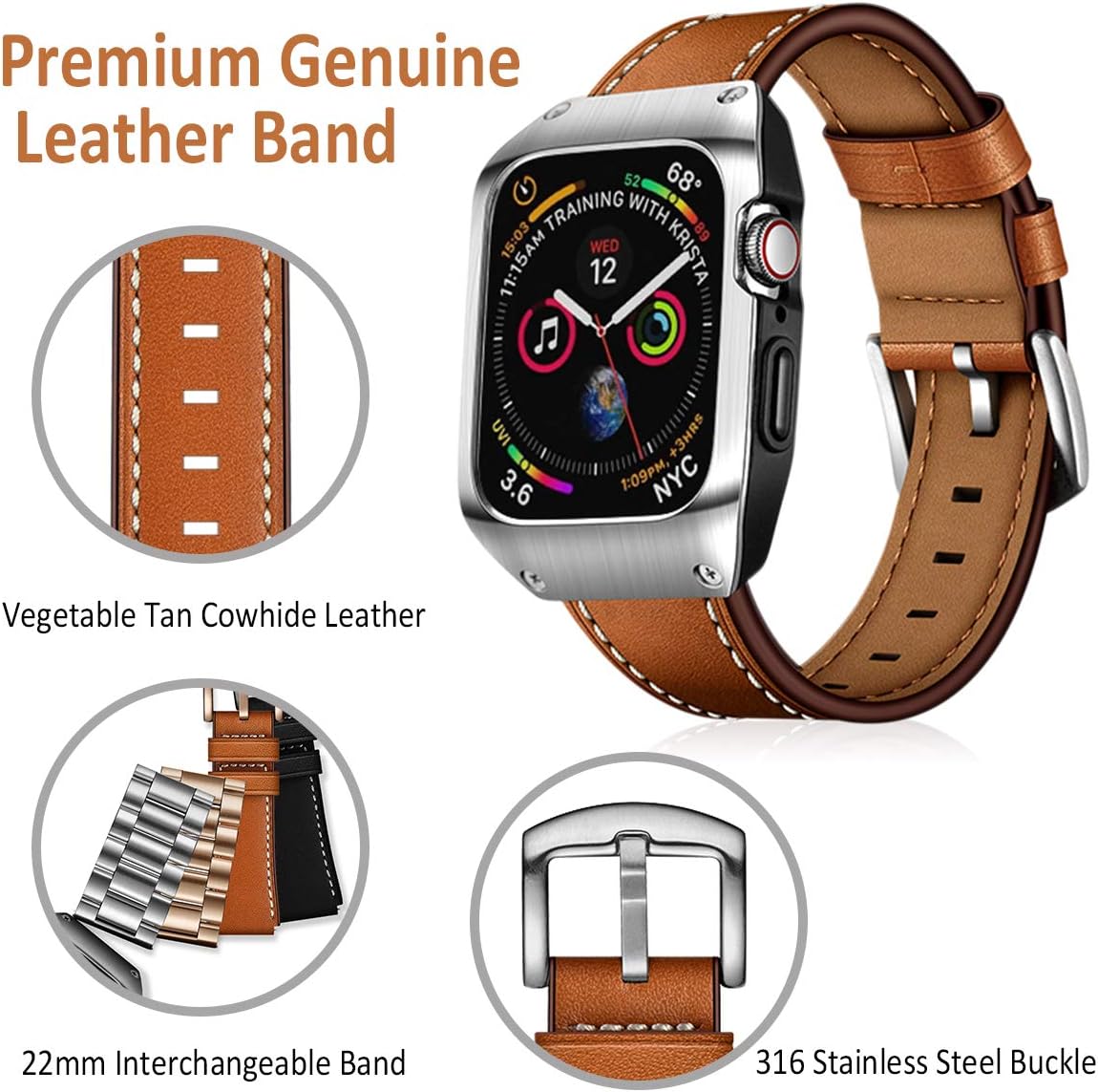 Up To 40% OFF EloBeth 44mm Band Case Compatible with Apple Watch Band 44mm Series 6/5/4 & Apple Watch SE 44mm Bands, Genuine Leather Bands & Metal/PC Protective Case for iWatch Series 6/5/4/SE 44mm (Brown/Silver)