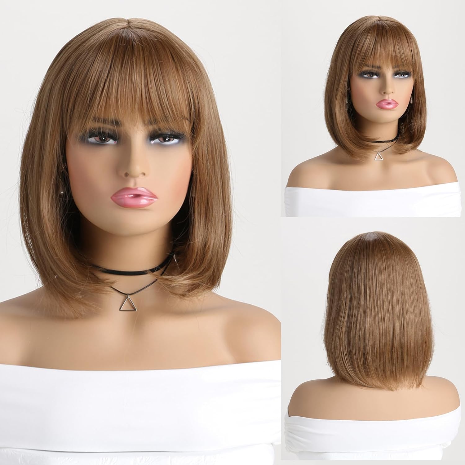 Short Brown Bob Wig with Bangs Shoulder Length Wigs for Women Straight Hair Wig Natural Heat Resistant Synthetic Wig for Daily Cosplay Halloween Party Use
