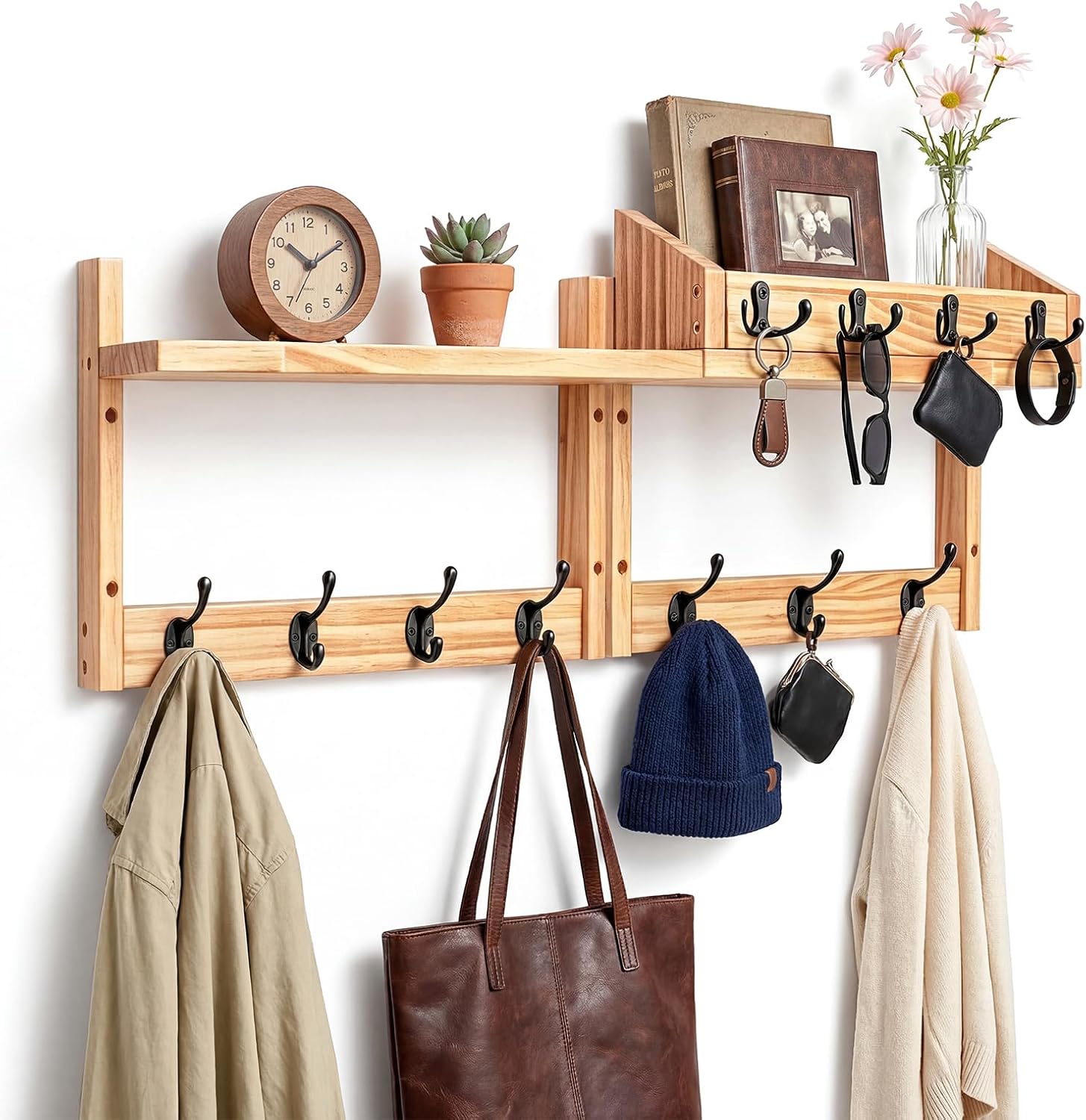 Solid Wood Coat Rack Wall Mount, Key Holder Wall Mount, Key Holder for Wall, Key Holder, Entryway Organizer for Mail & Photos, 7 Large and 4 Small Hooks, Wall Mount Hanger for Living Room Bedroom