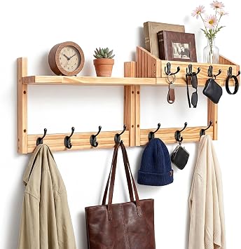Solid Wood Coat Rack Wall Mount, Key Holder Wall Mount, Key Holder for Wall, Key Holder, Entryway Organizer for Mail & Photos, 7 Large and 4 Small Hooks, Wall Mount Hanger for Living Room Bedroom