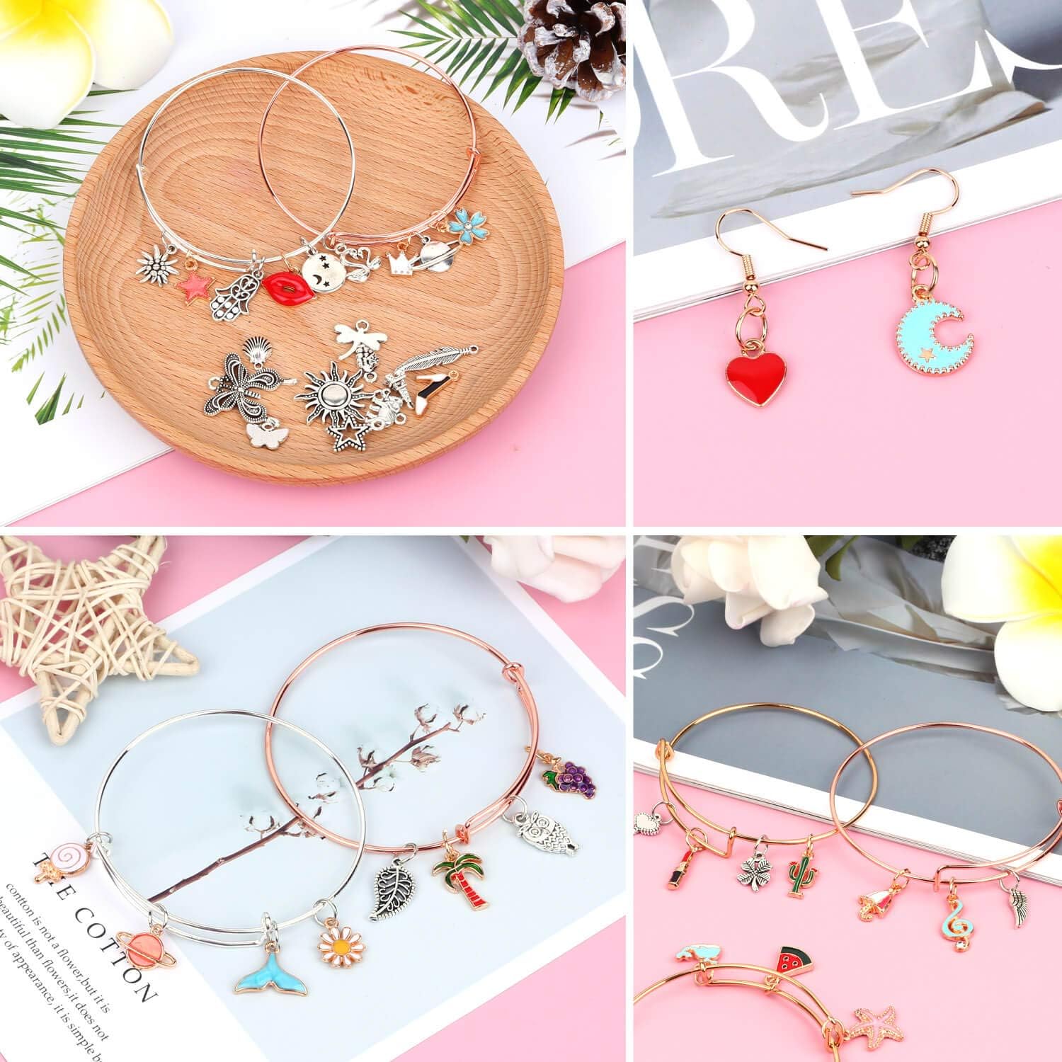 300Pcs Expandable Bangle Bracelets with Charms, Flasoo 20Pcs Bangles for Jewelry Making with 30Pcs Jewelry Charms, 50Pcs Charm Pendants, 200Pcs Jump Rings for DIY Craft