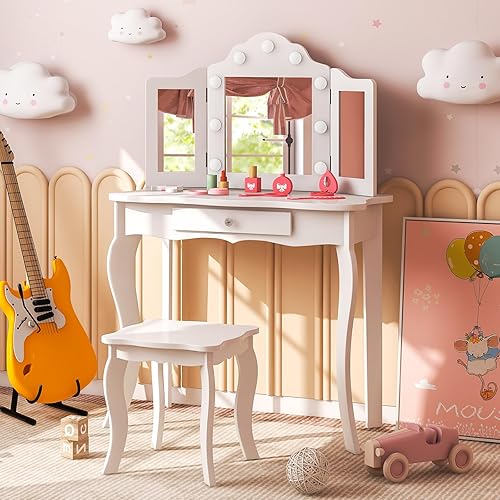 Miniatura 18 de Costzon Juego de mesa de tocador y taburete de madera para niños, diseño desmontable 2 en 1 con tocador y escritorio, tocador de maquillaje de