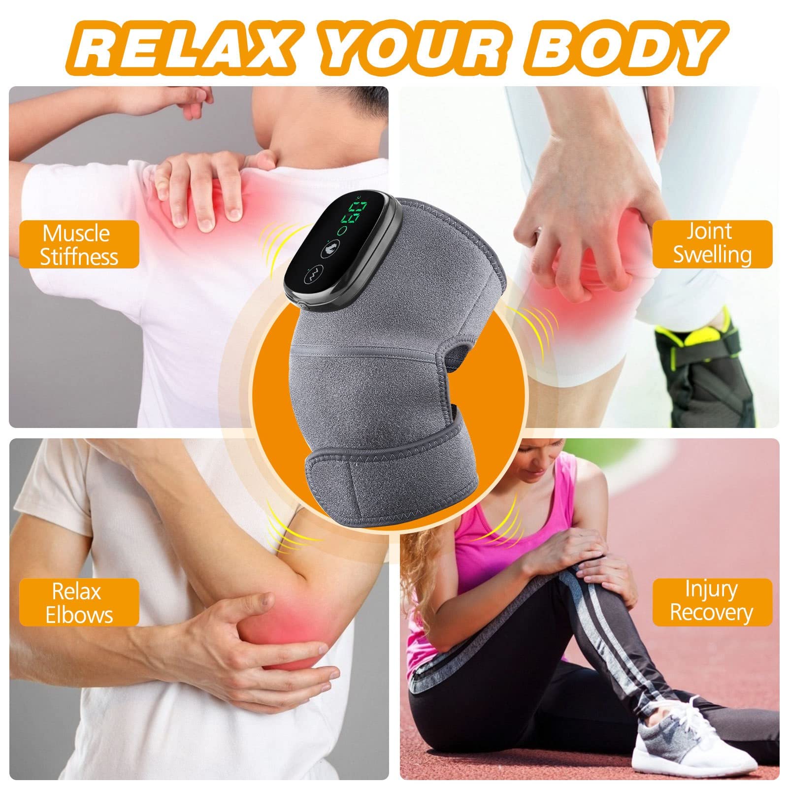 Masajeador Rodilla Calentado, Envoltura Soporte Hombro Calefacción con Masaje, Almohadillas Térmicas Vibración para Relajar Codo Hombro Rodilla, Máquina Masaje Inalámbrica A