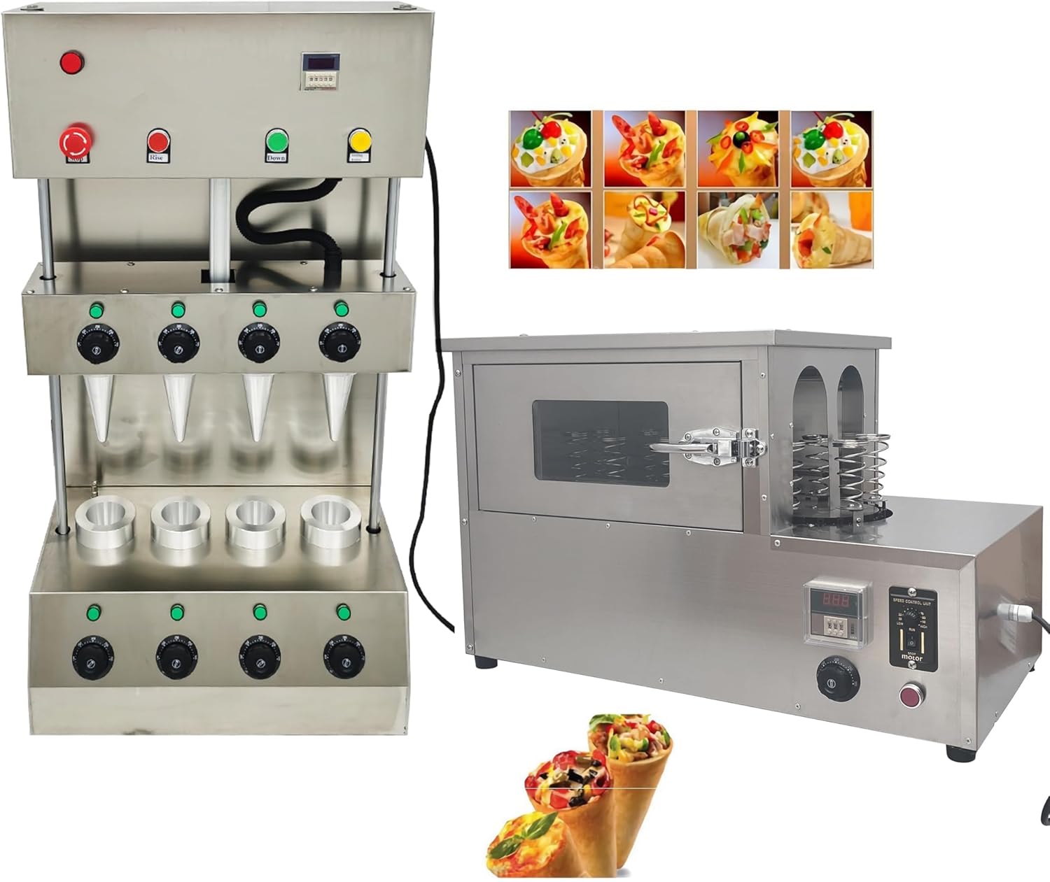 Commercial Handheld Pizza Cone Forming Machine 4 Cone Maker and Commercial Rotational Handheld Pizza Oven with 12pc Removable Pizza Cone Trays for Restaurant, Bakery, Cafe