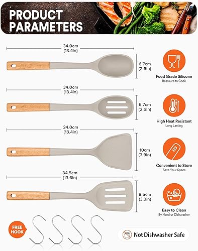 Miniatura 2 de Juego de utensilios de cocina de silicona, perfectamente en ángulo para freír, mezclar, servir, escurrir, girar y agitar, silicona mate sin BPA,