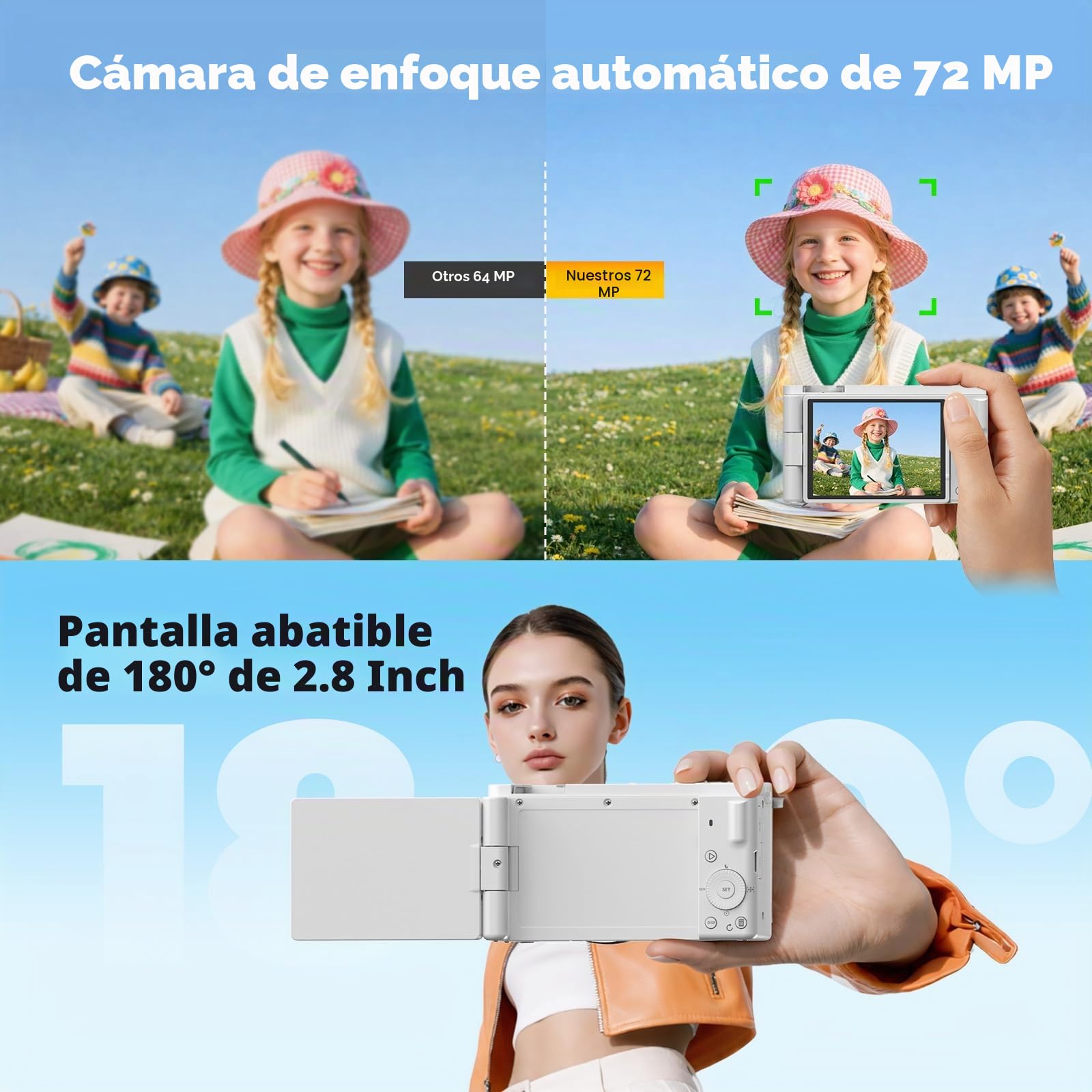 Cámara Digital compacta 5K 72MP, Zoom óptico 6X, Pantalla abatible 2.8" 180°, Enfoque automático, estabilización Imagen, Tarjeta 64GB, 2 baterías, para vlogging y fotografía de Viajes