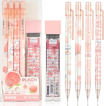 Ymapinc Cute Mechanical Pencil Set, 4 Pcs 0.5mm Kawaii Mechanical Pencils with 1 Tubes HB Core Refills Kawaii Stationary Cute School Supplies for Writing Drawing Sketching