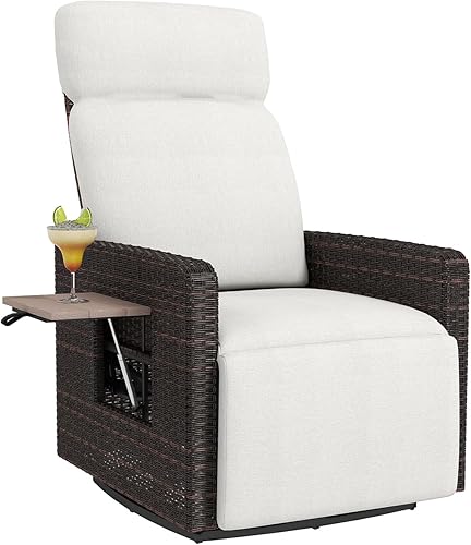 Miniatura 3 de kinbor Silla reclinable para exteriores, silla giratoria de 360 con respaldo alto para patio, con mesa auxiliar abatible, cojín extraíble y