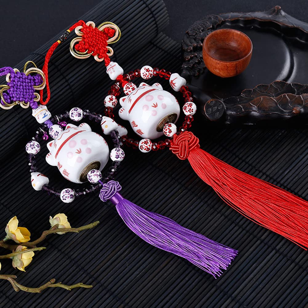 Pendentif Intérieur Voiture Chat Porte-Bonheur En Céramique - Chance Et Richesse (Rose/Violet/Rouge)