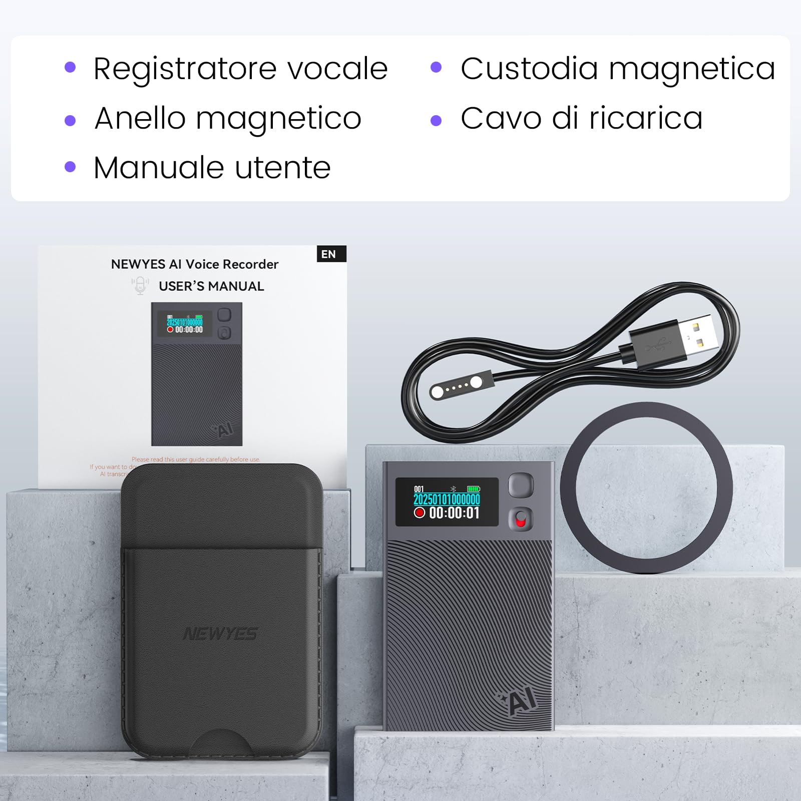 NEWYES Ailog Registratore Vocale AI con App Dedicata, Trascrive e Riepiloga, Traduzione in Oltre 188 Lingue, Memoria da 64 GB per Riunioni, Lezioni, Chiamate, Affari