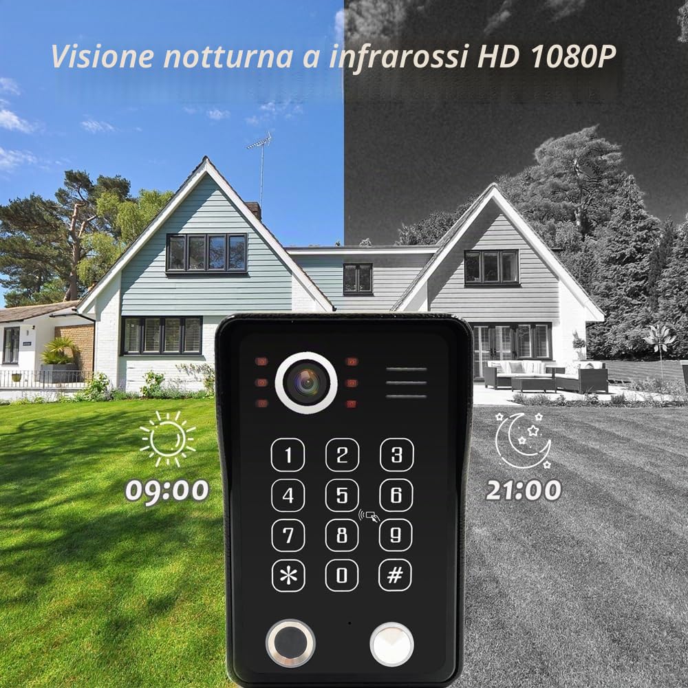 ANJIELO SMART Videocitofono, display touch screen da 7 pollici con sistema telefonico 1080P integrato, sblocco con impronte digitali, scheda RFID e codice PIN e rilevamento dei movimenti umani, 94218
